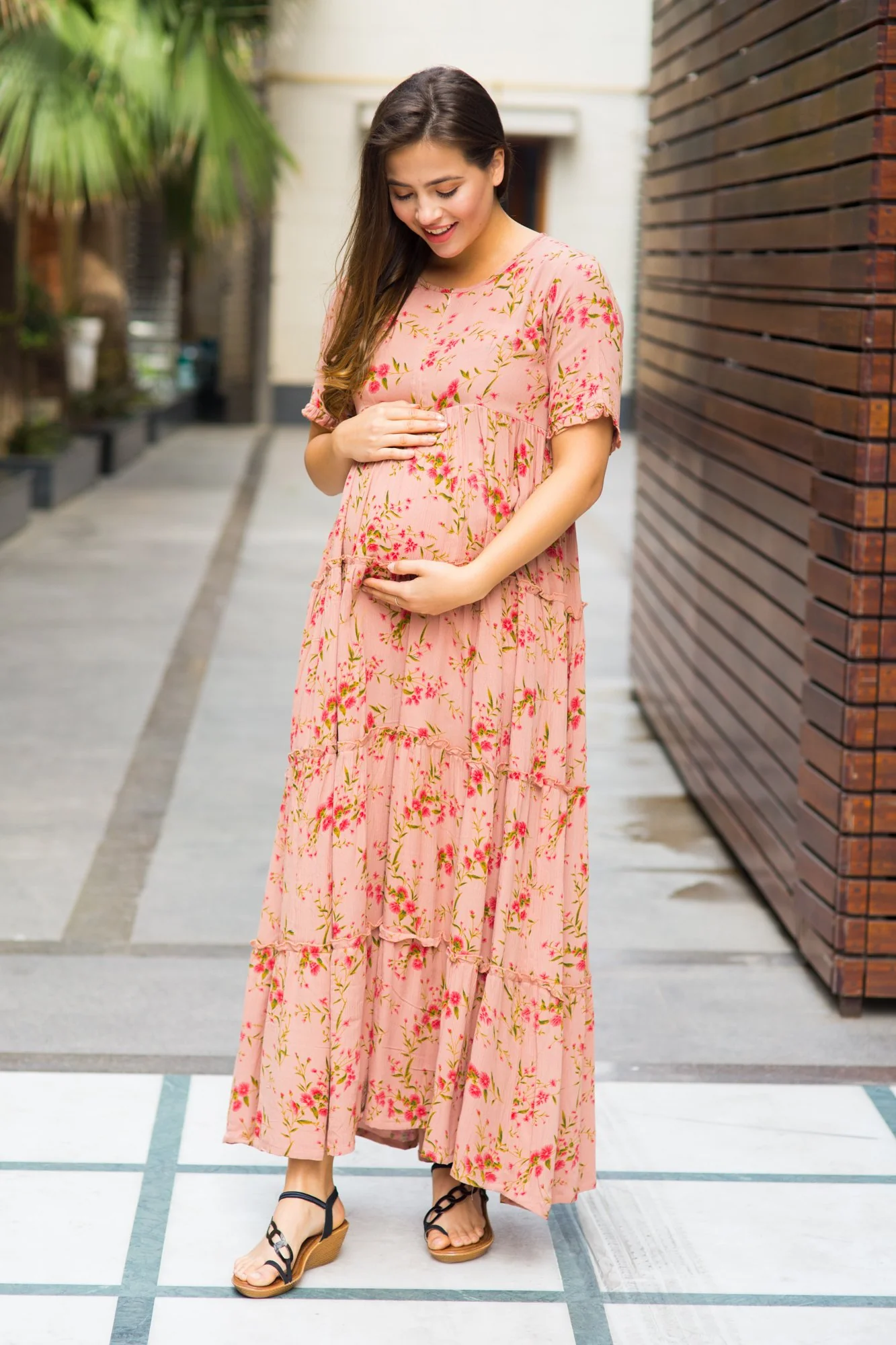 Multilayer Light Peach Frill Maternity & Nursing Dress - Chenance
