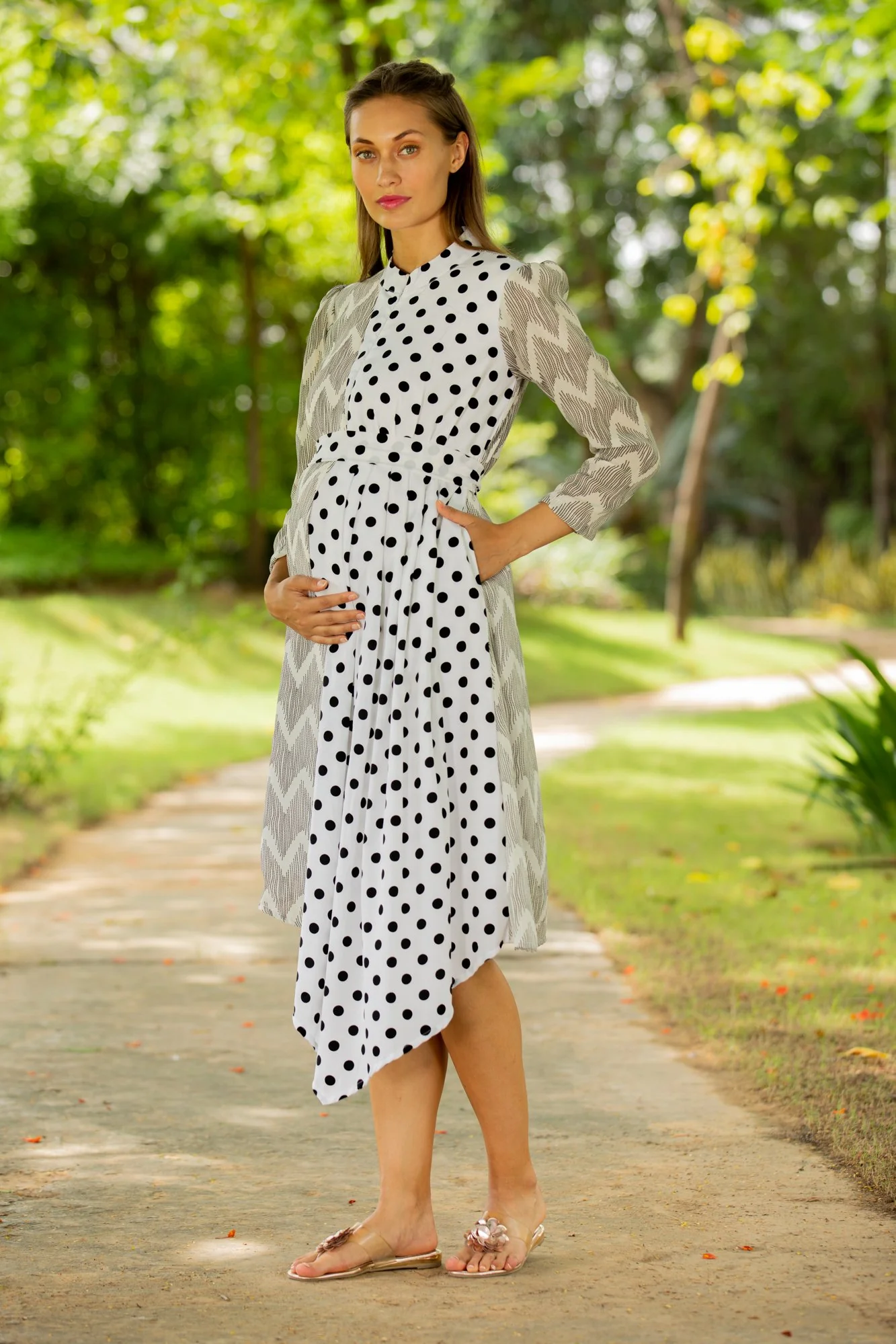 Asymmetrical Zig-Zag High Neck Maternity & Nursing Dress - Chenance