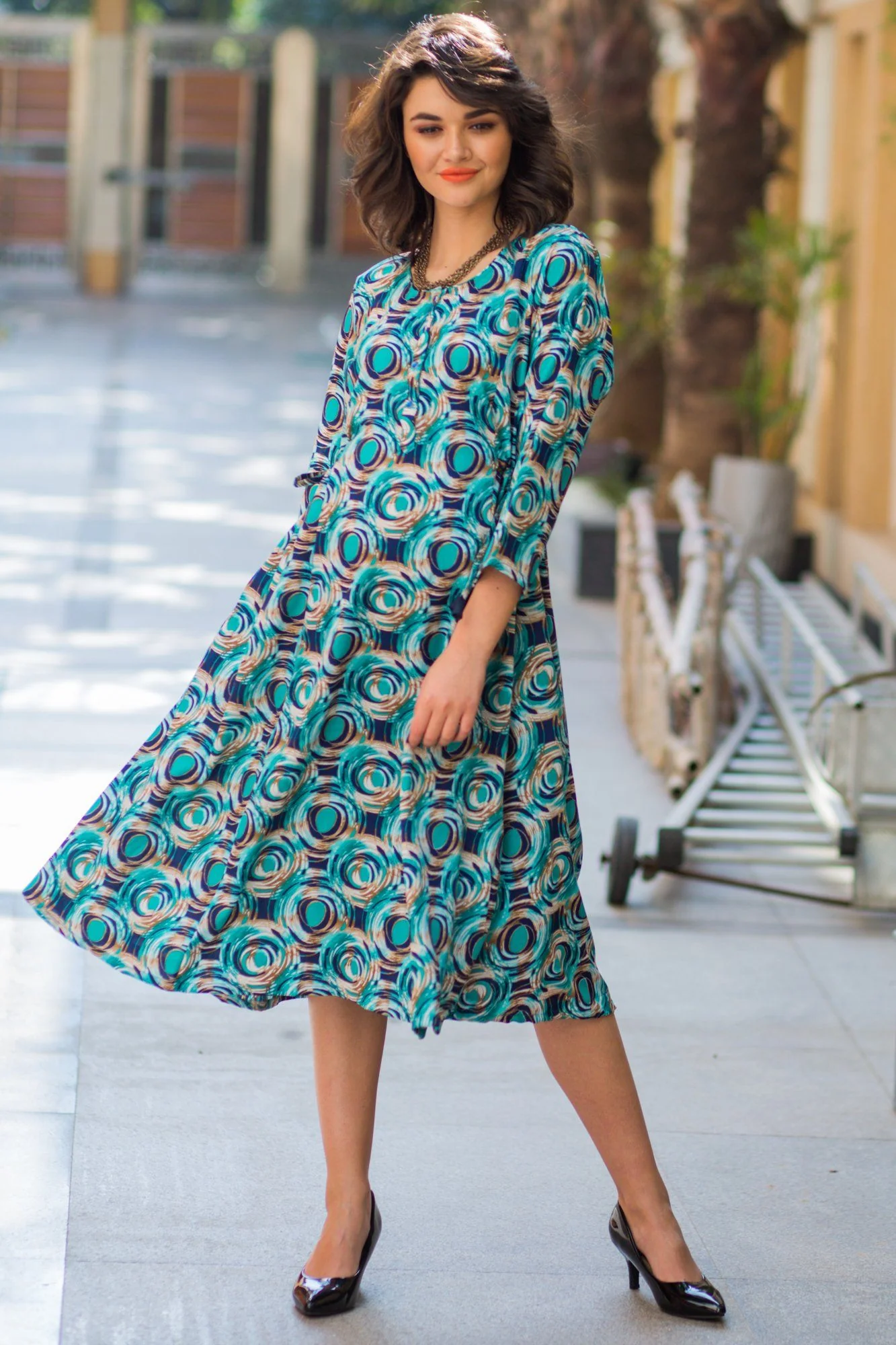 Azure Blue Green Circle Maternity & Nursing Kurta Dress - Chenance