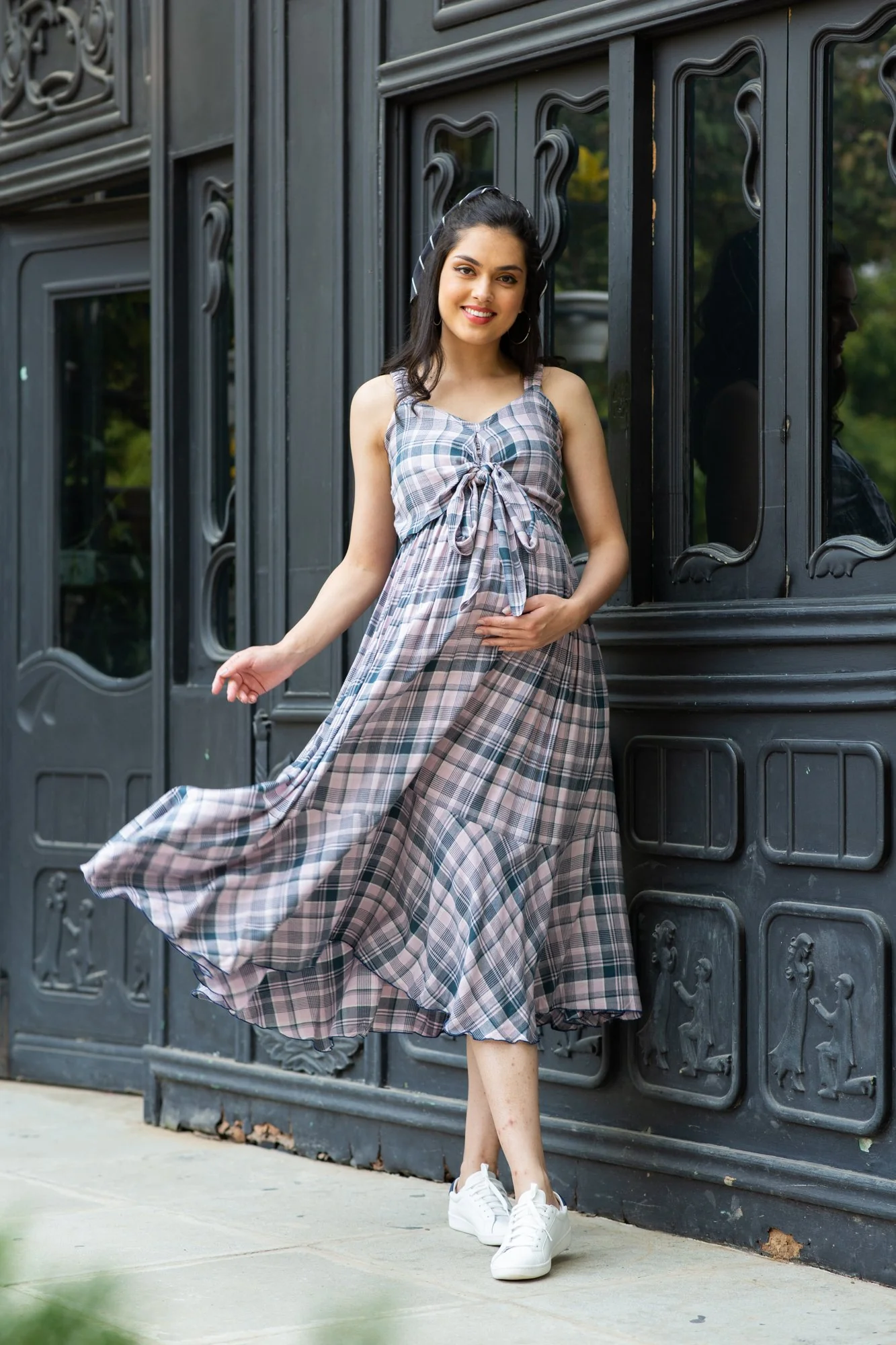 Arctic Plaid Dual Bow Maternity Dress - Chenance