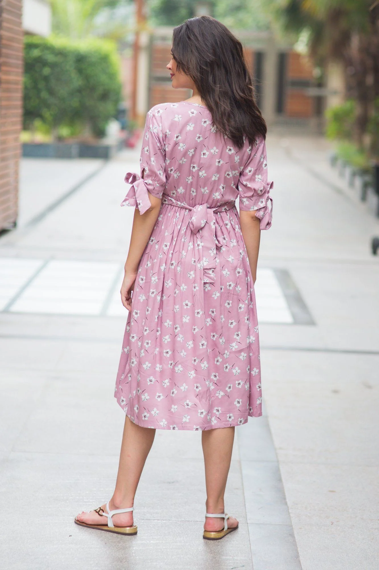 Pastel Pink Floral Ties Maternity & Nursing Dress - Chenance