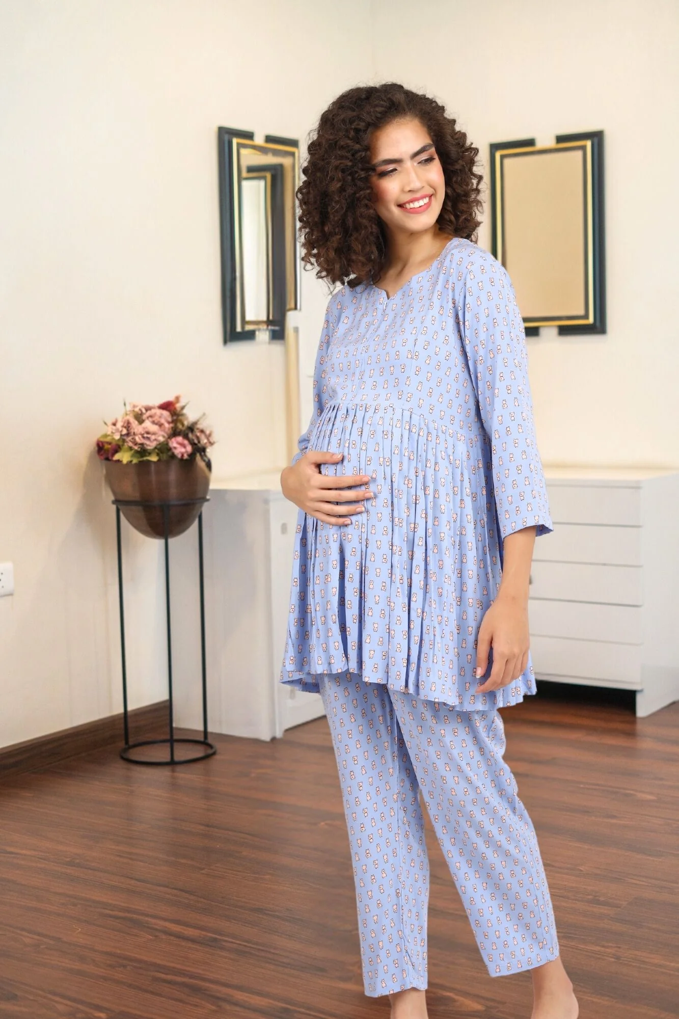 Ice Blue Piggy Maternity & Nursing Lounge Coord Set (2pc) - Chenance