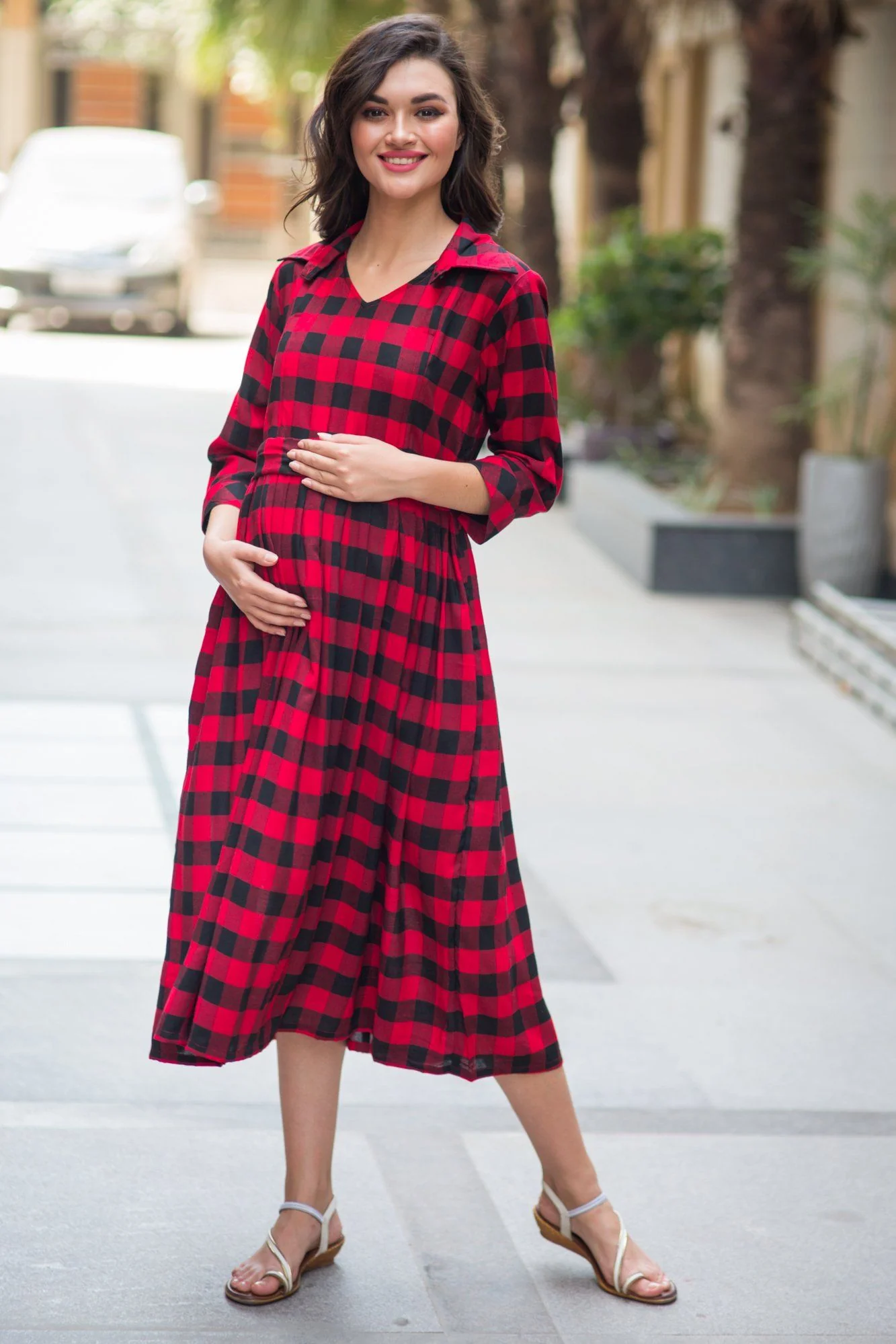 Slick Titan Red Plaid Maternity & Nursing Button Dress - Chenance