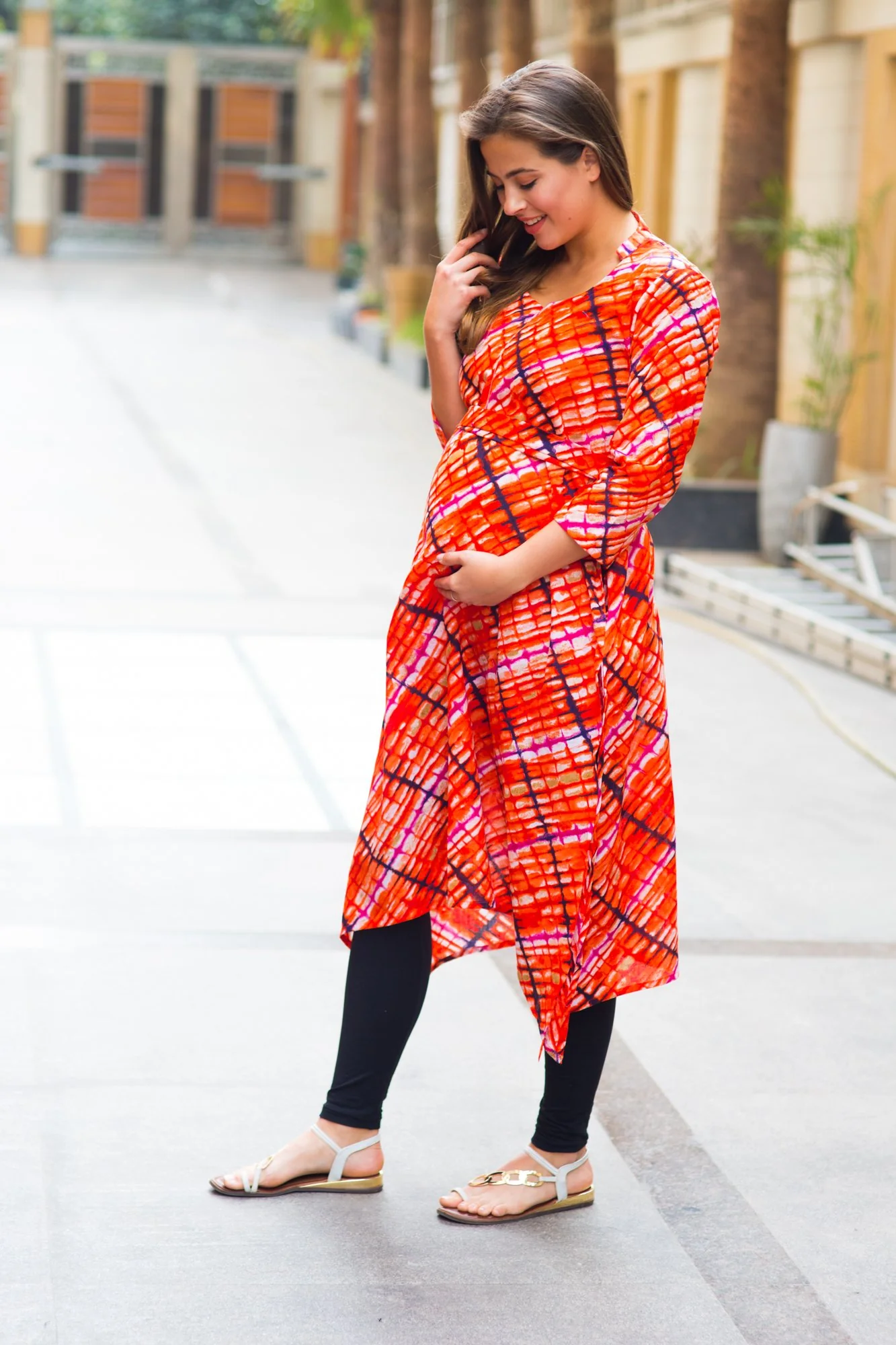 Abstract Saffron Cotton Maternity & Nursing Kurta - Chenance