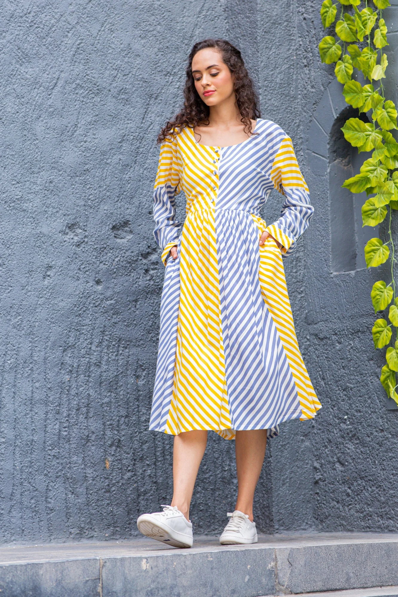 Slate Yellow Striped Maternity & Nursing Dress (100% Cotton) - Chenance