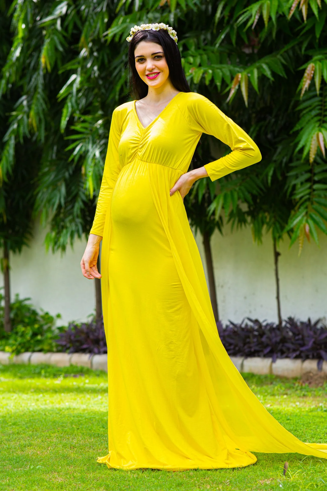 Sunny Yellow Trail Maternity Photoshoot Gown - Chenance