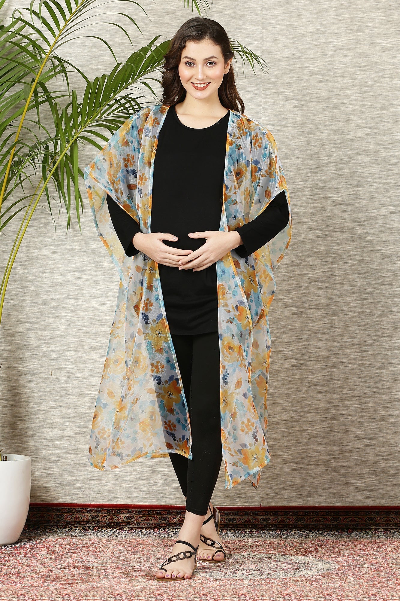 Alluring White Orangish Floral Organza Maternity Cover Up - Chenance