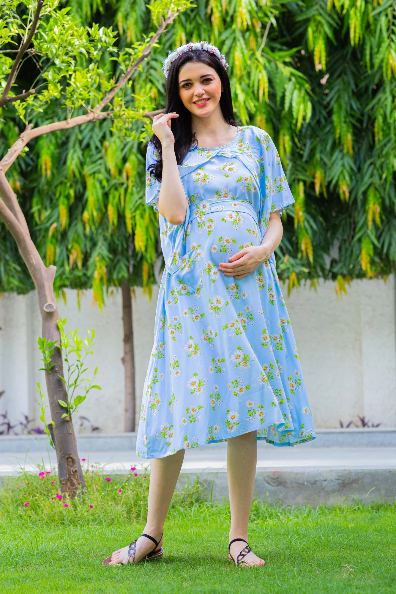 Sky Blue Maternity & Nursing Flap Dress - Chenance