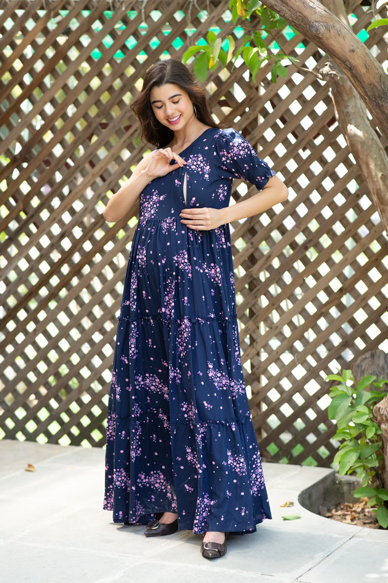 Twilight Floral Maternity & Nursing One-Shoulder Viscose Dress - Chenance