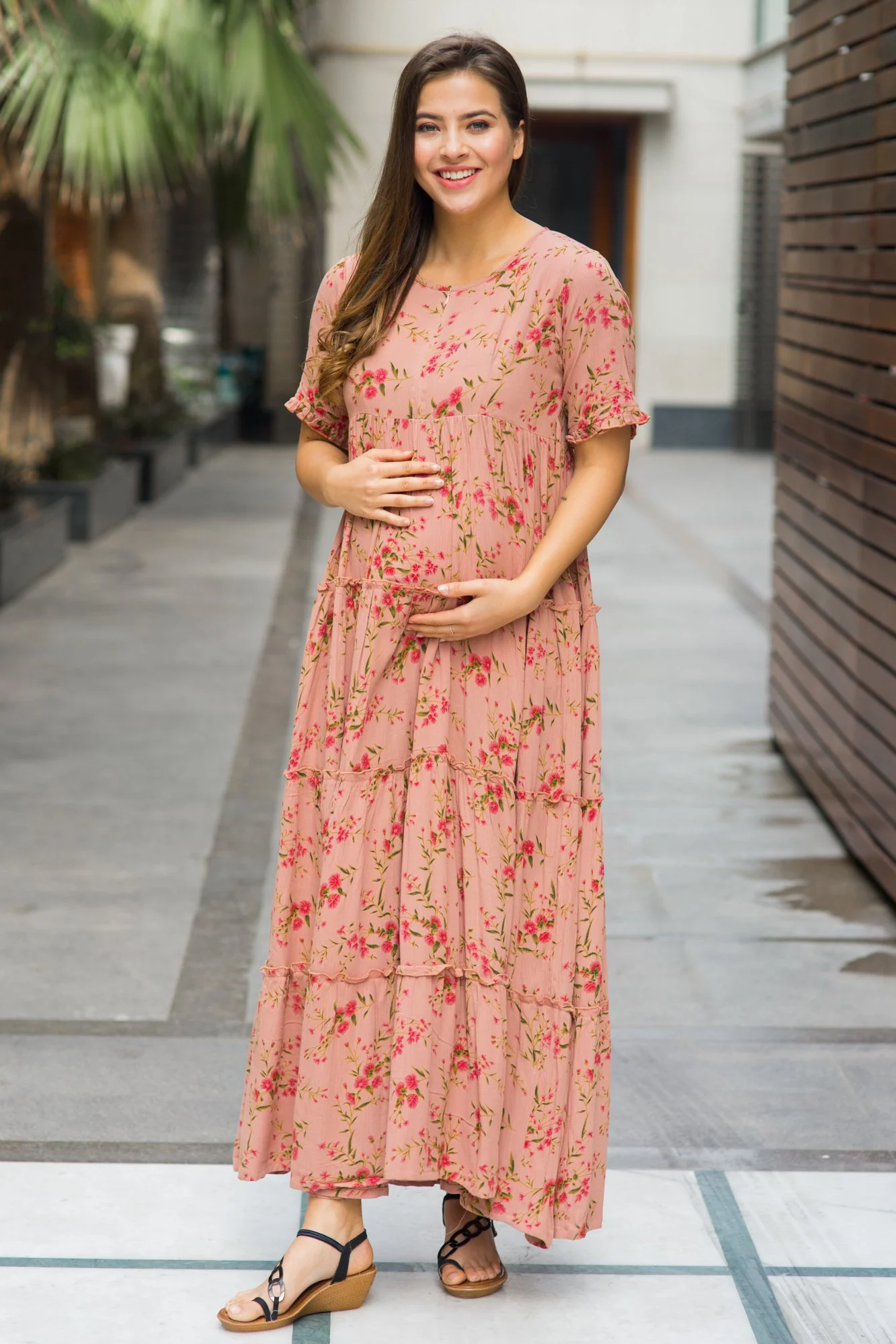 Multilayer Light Peach Frill Maternity & Nursing Dress - Chenance