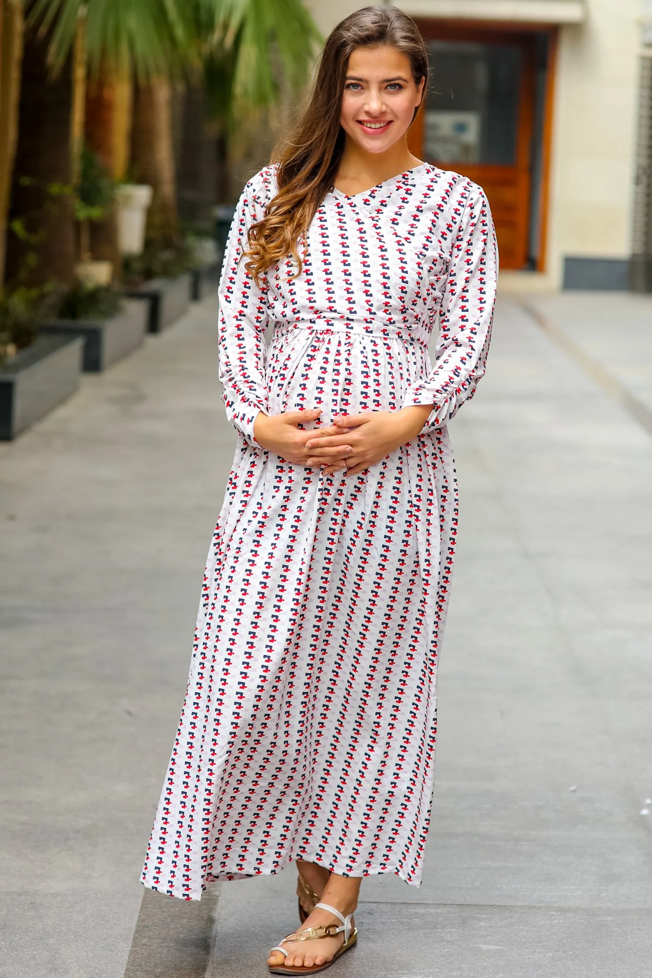 White Patterned Maternity & Nursing Wrap Dress - Chenance