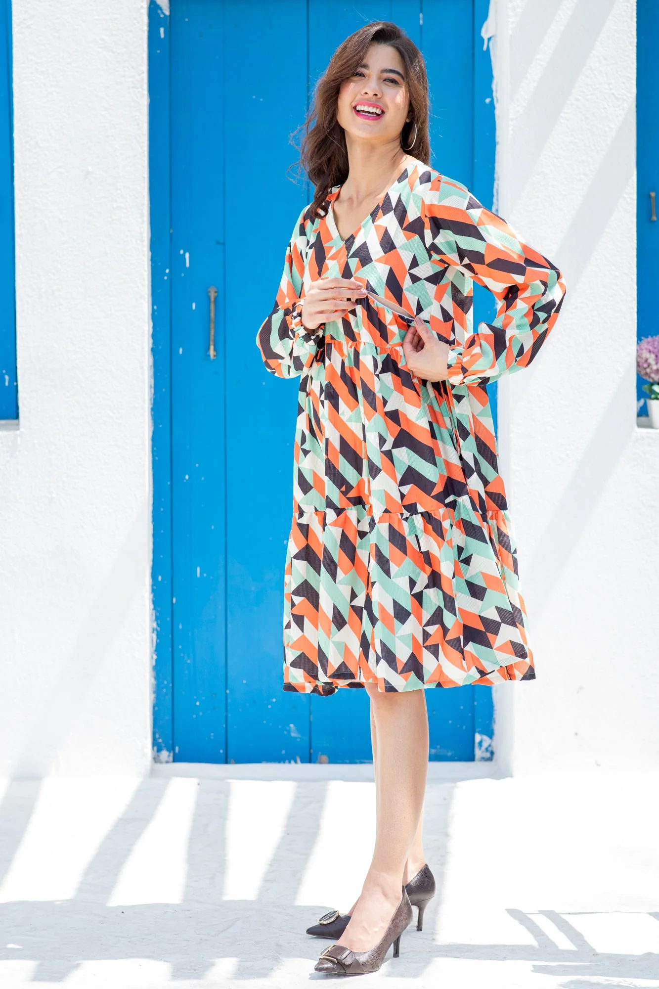 Abstract Boho Maternity & Nursing Knee Dress - Chenance