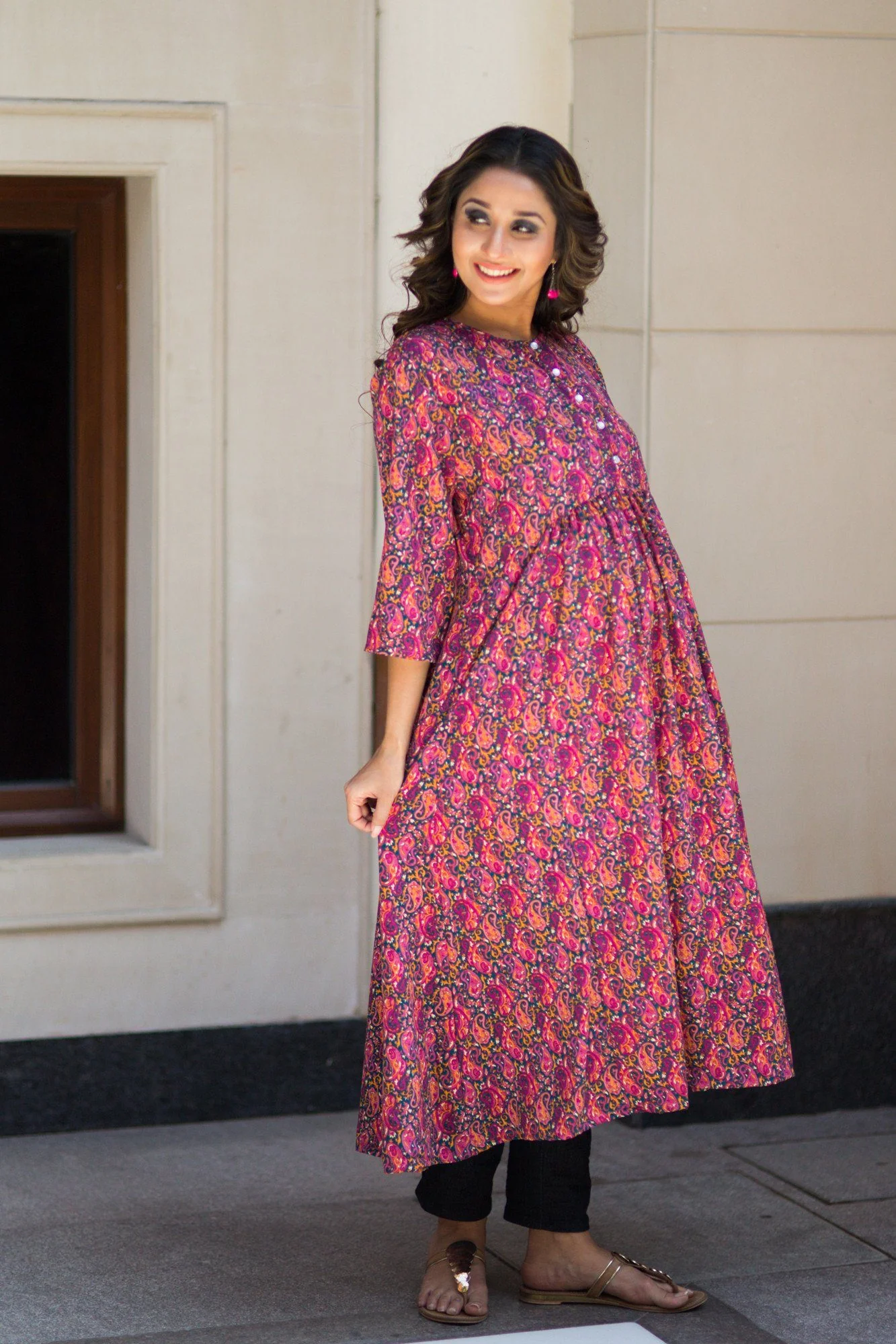 Vibrant Pink Soft Crepe Long Maternity & Feeding Kurta - Chenance