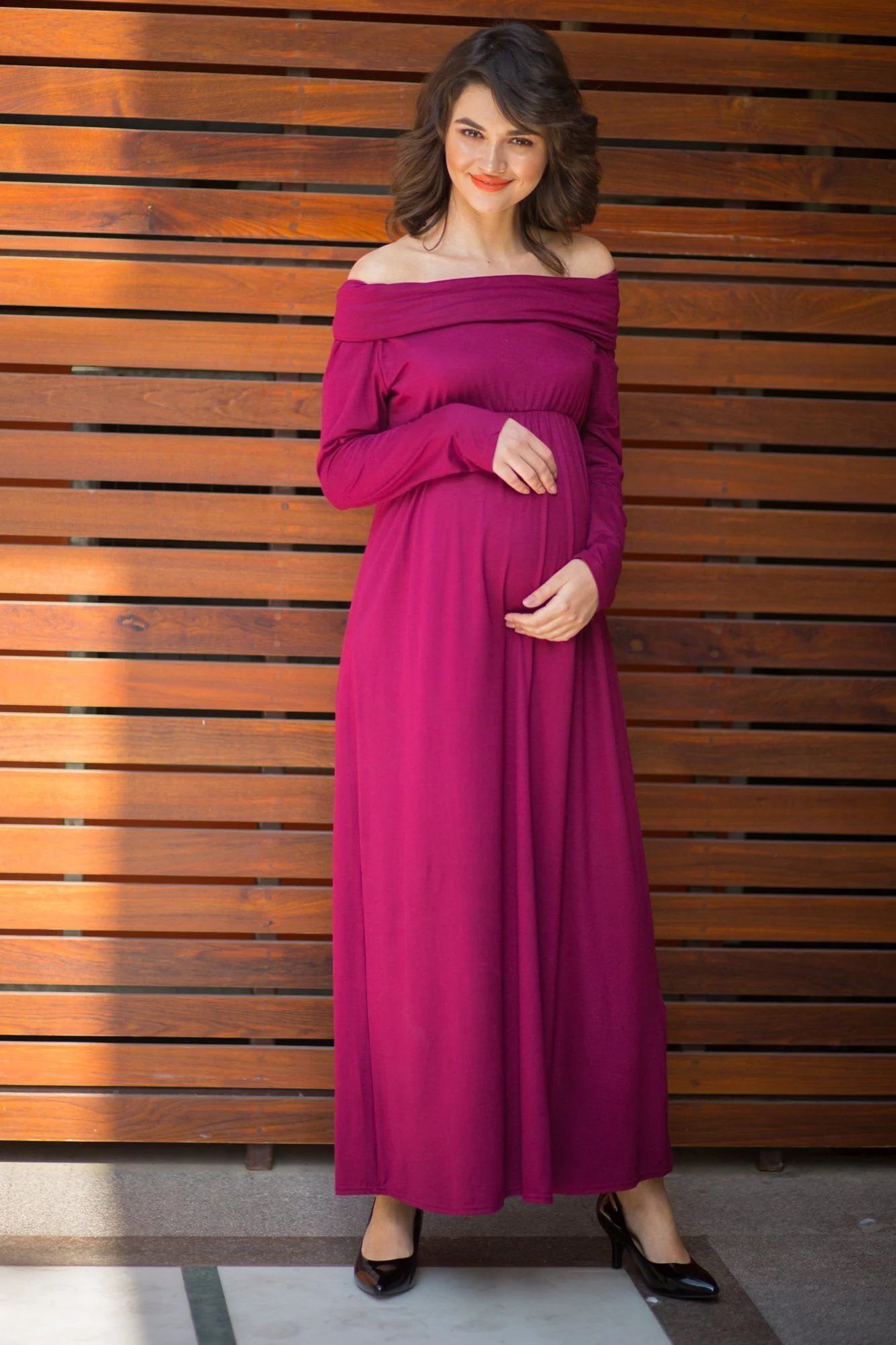 Classic Wine Cowl Neck Off-shoulder Lycra Maternity Maxi Dress - Chenance