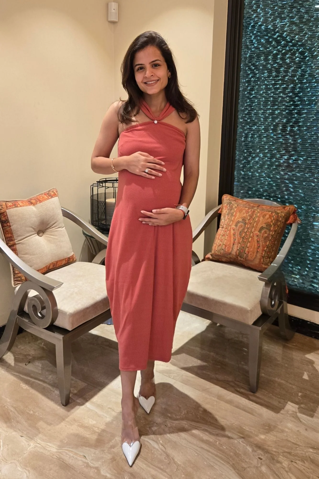 Effortless Melon Ribbed Maternity Fitted Dress - Chenance