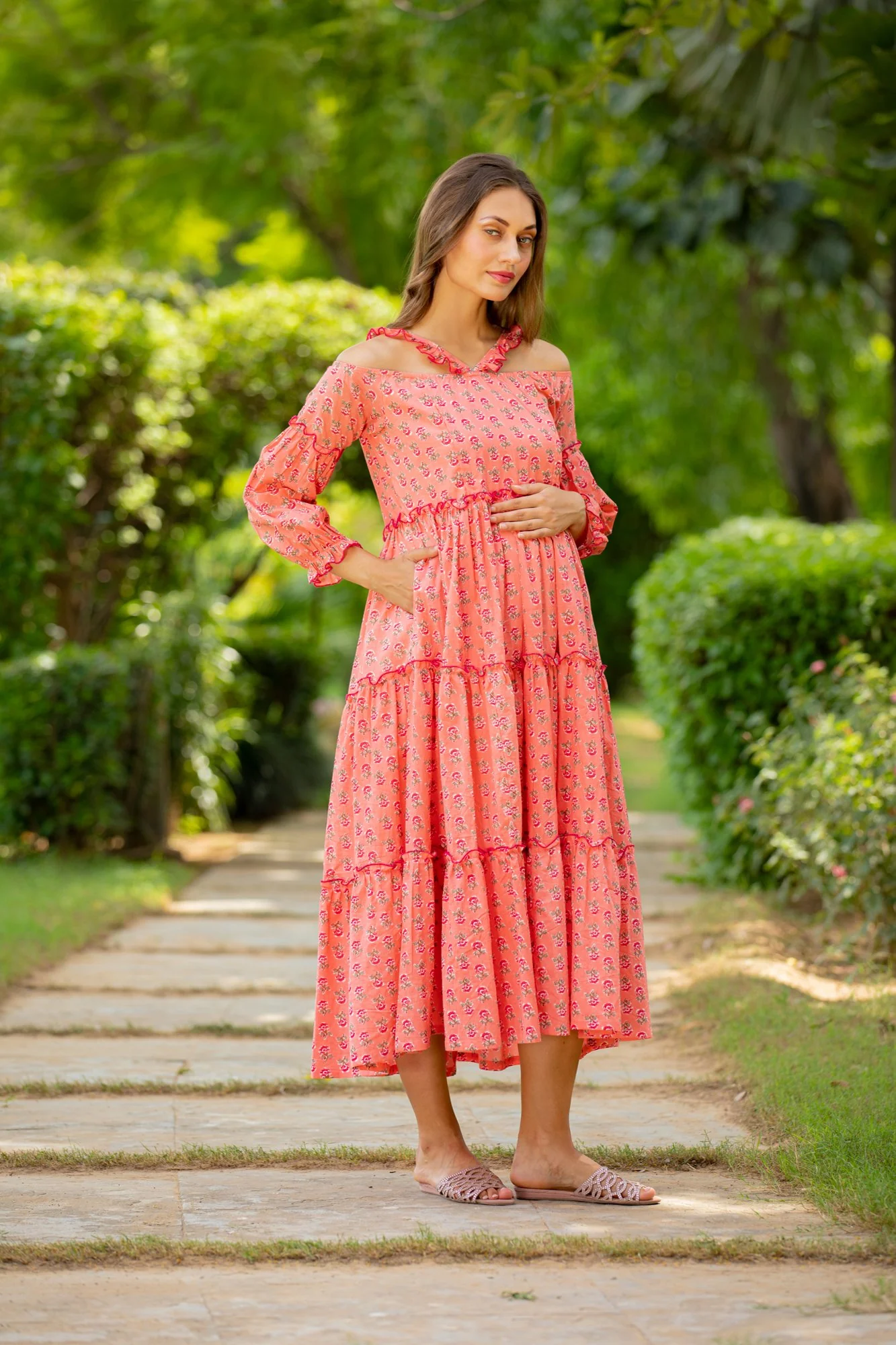 Peony Pink Maternity & Nursing Frill Cotton Dress - Chenance