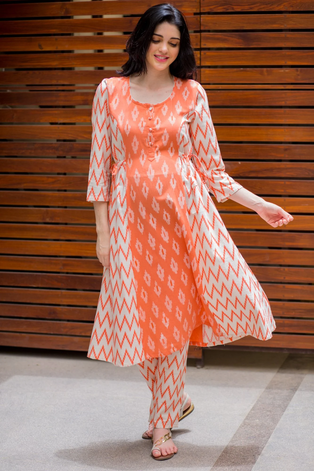 Set of 2 - Tangerine Orange Cotton Maternity & Nursing Side Tie Kurta Dress + Bump Band Bottom - Chenance