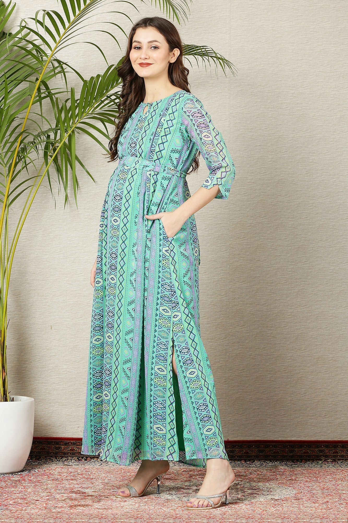 Apple Green Floral Side Slit Maternity & Nursing Dress - Chenance