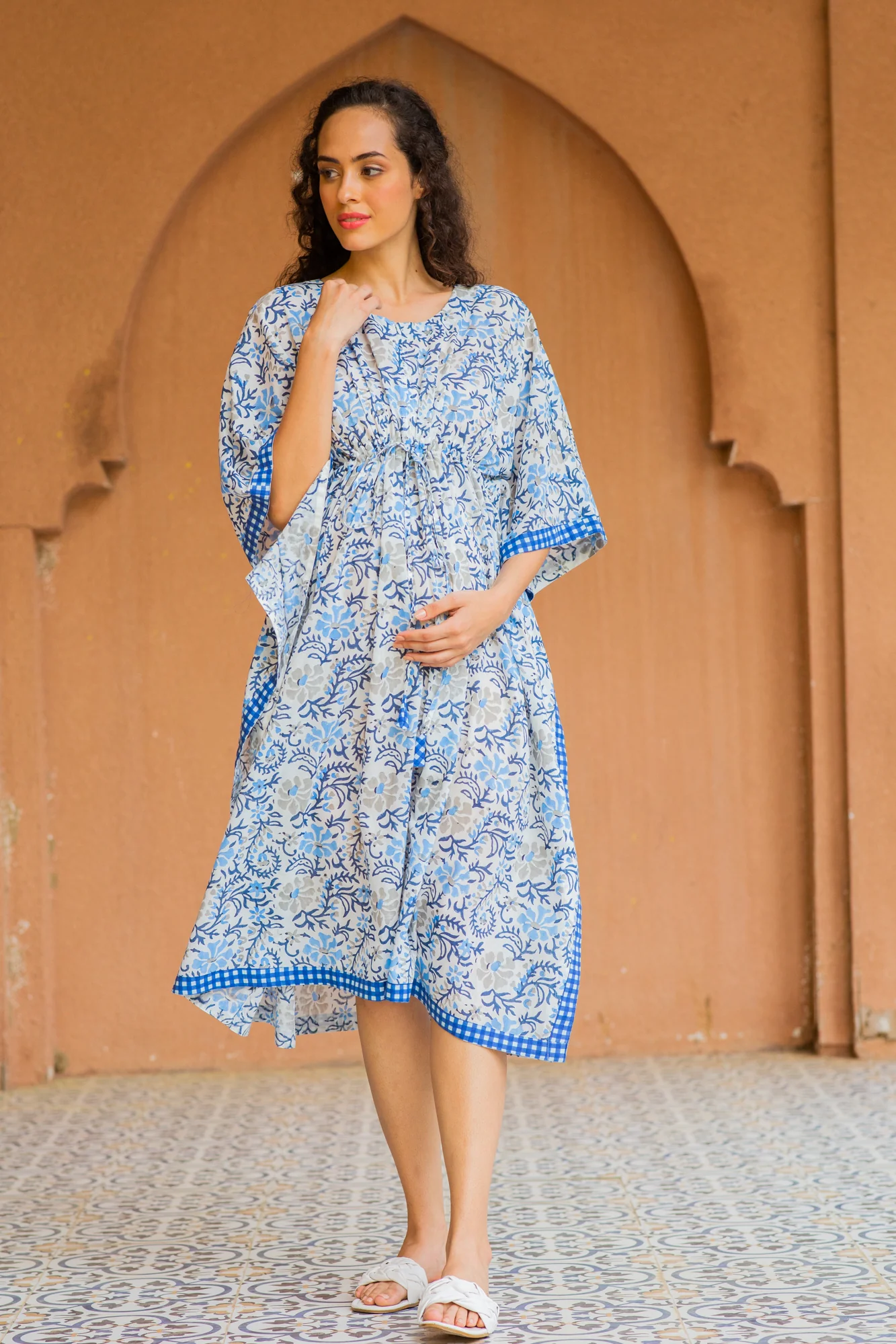 Angelic White Cotton Floral Maternity & Nursing Kaftan (100% Cotton) - Chenance