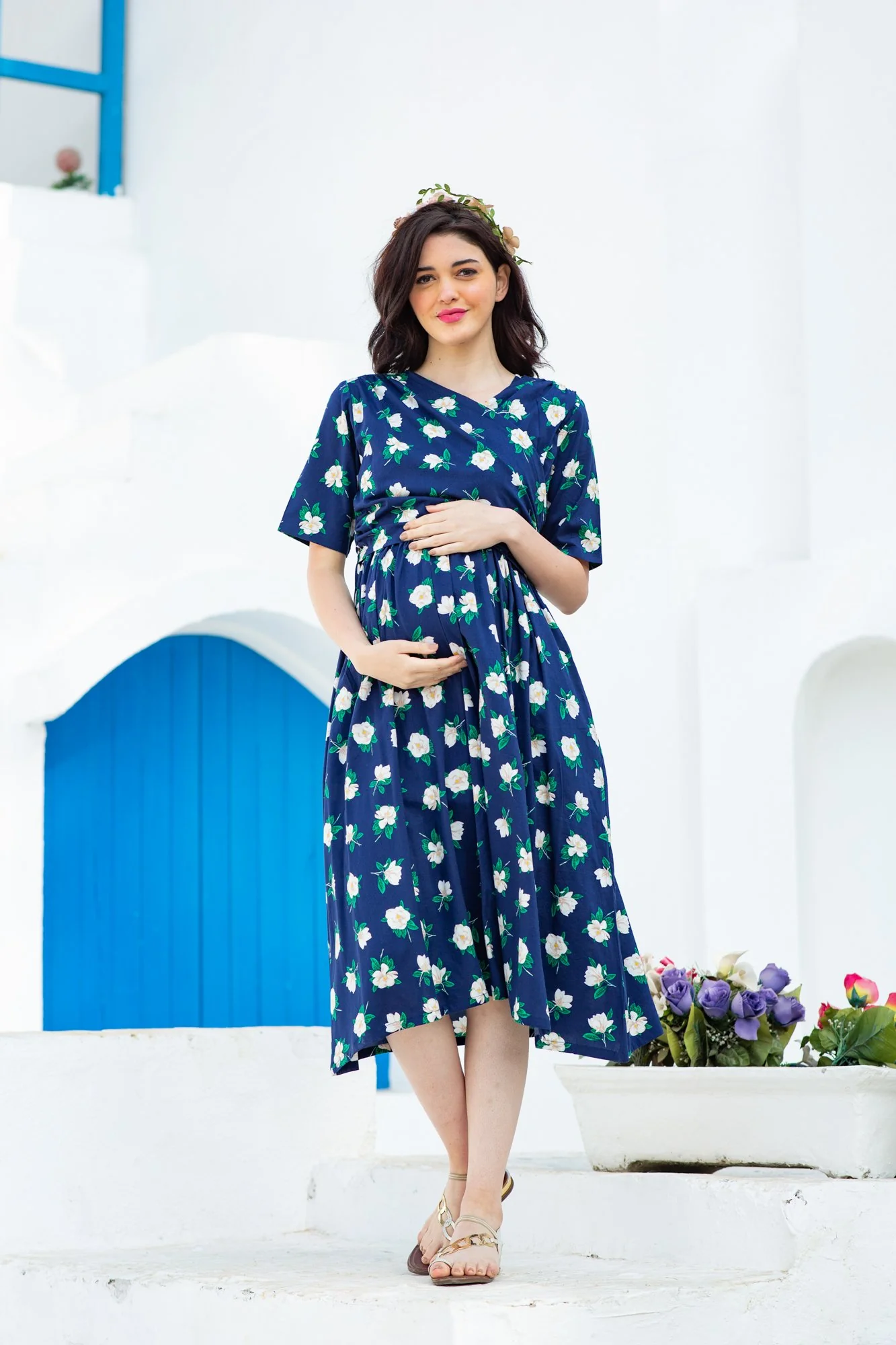 Azure Floral Maternity & Nursing Wrap Midi Dress - Chenance