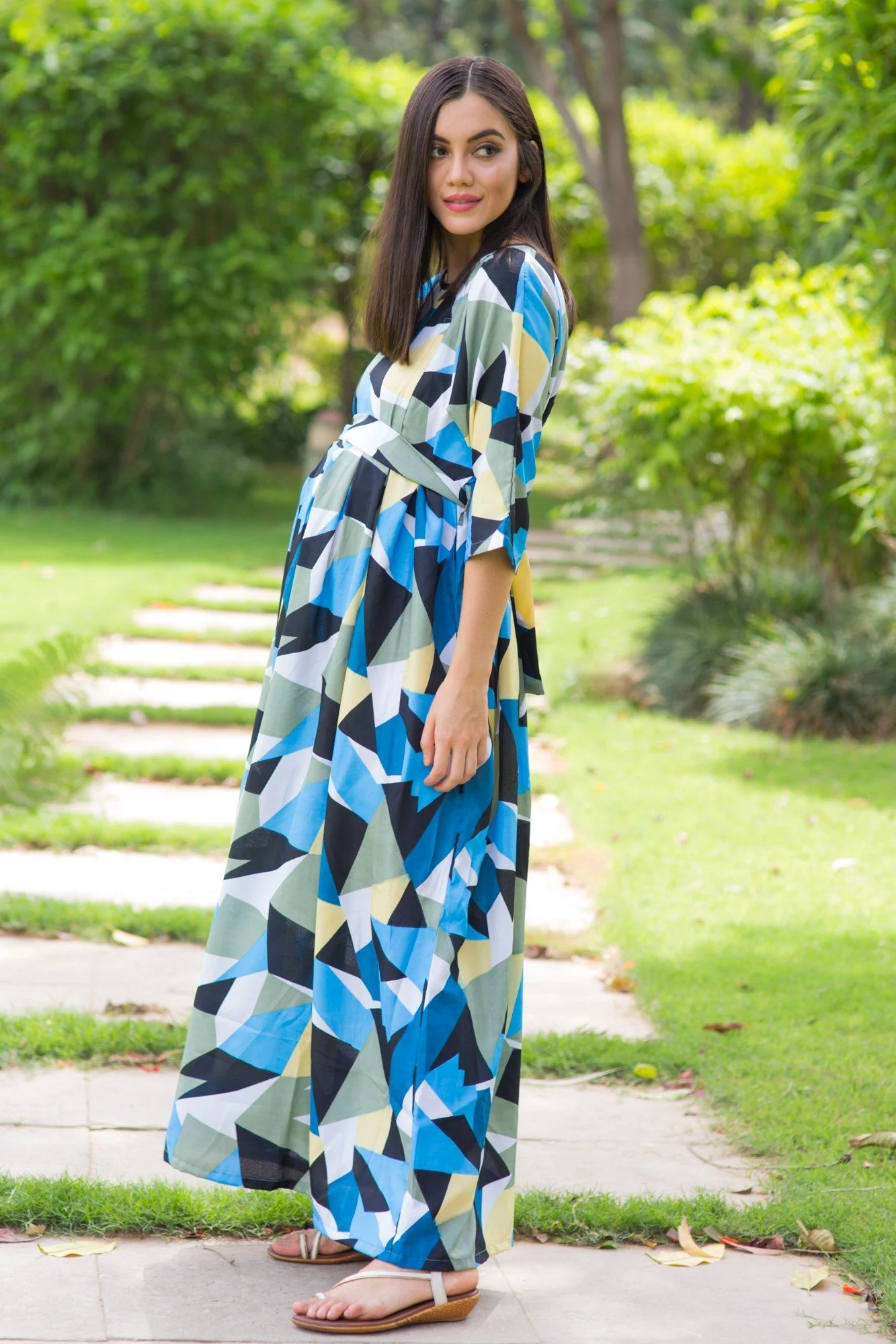 Azure Aztec Concealed Zip Maternity & Nursing Maxi - Chenance