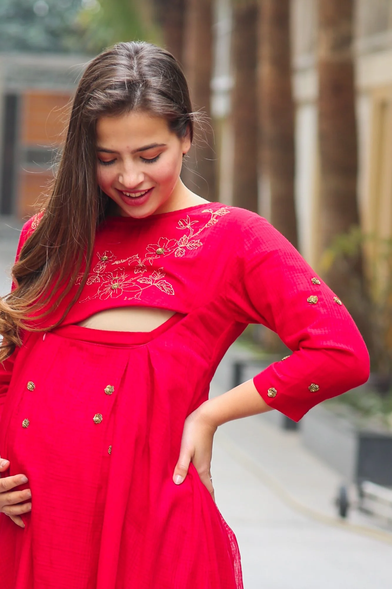 Premium Red Handloom Maternity & Nursing Dress - Chenance
