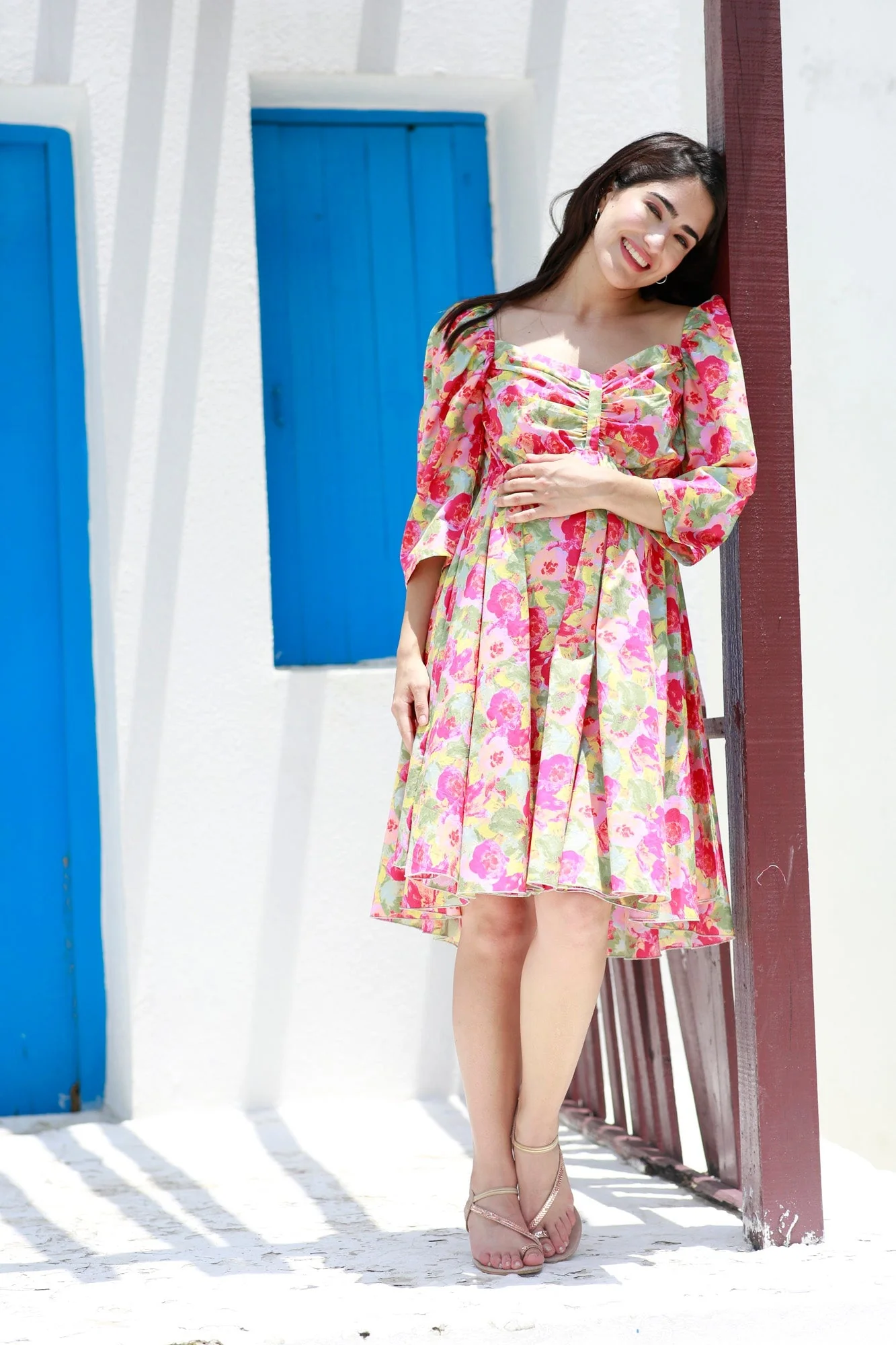 Victoria Flamingo Rosy Pink Maternity Knee Dress (100% Cotton) - Chenance