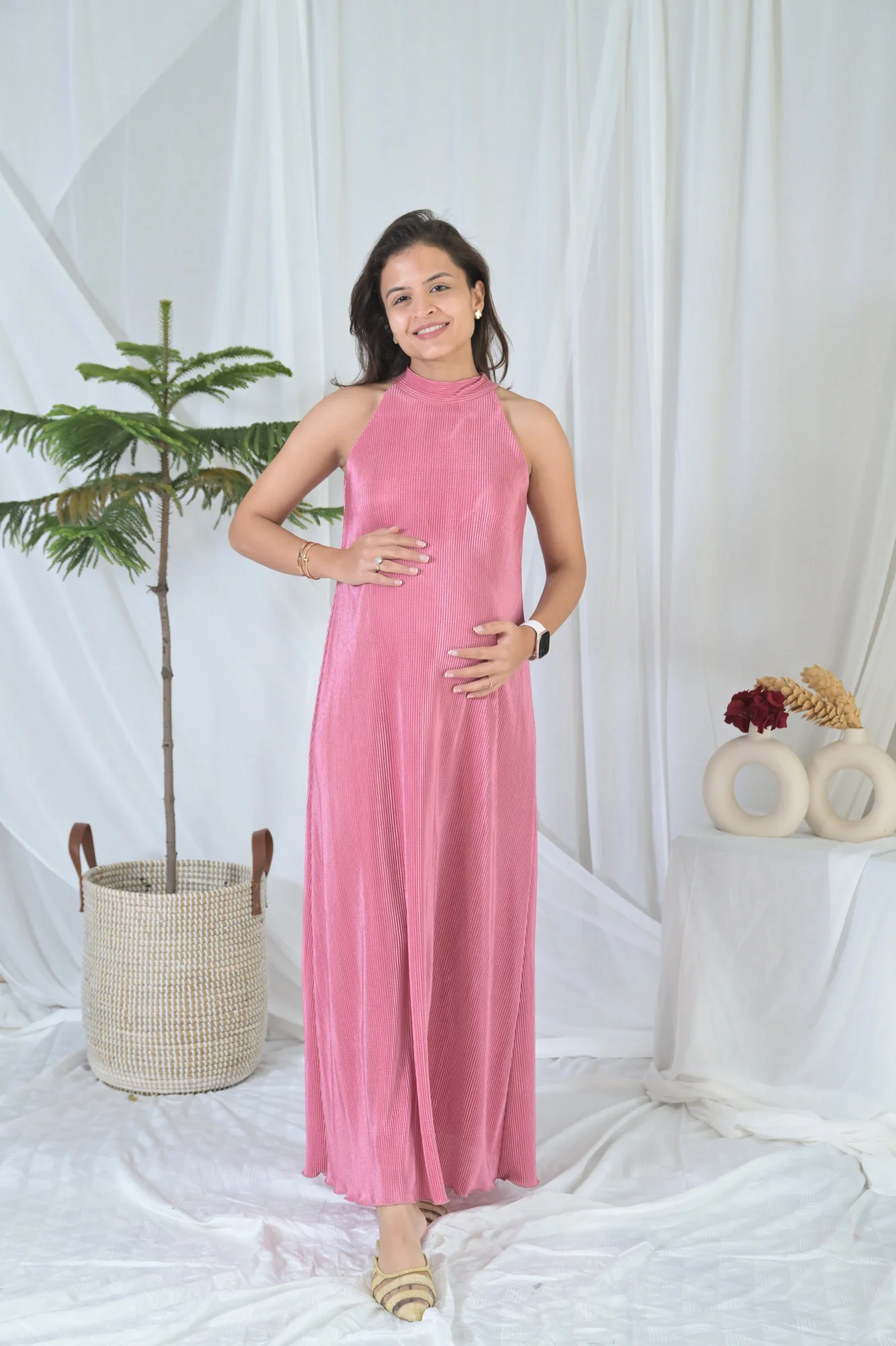 Luxe Hot Pink Maternity Pleated Gown - Chenance