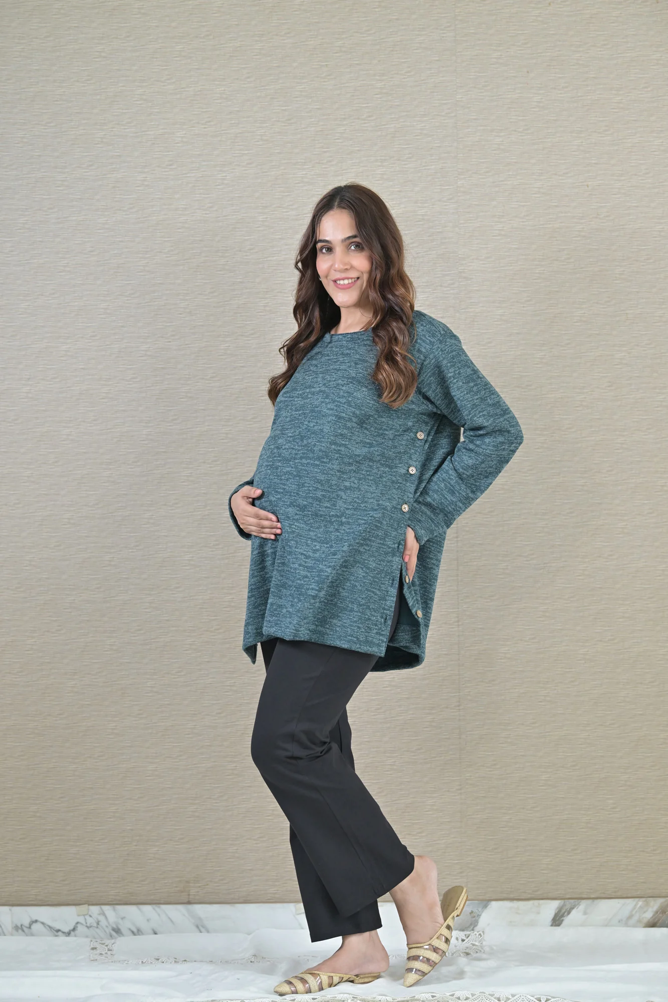 Arabian Green Maternity & Nursing Side-Slit Winter Sweater Top - Chenance