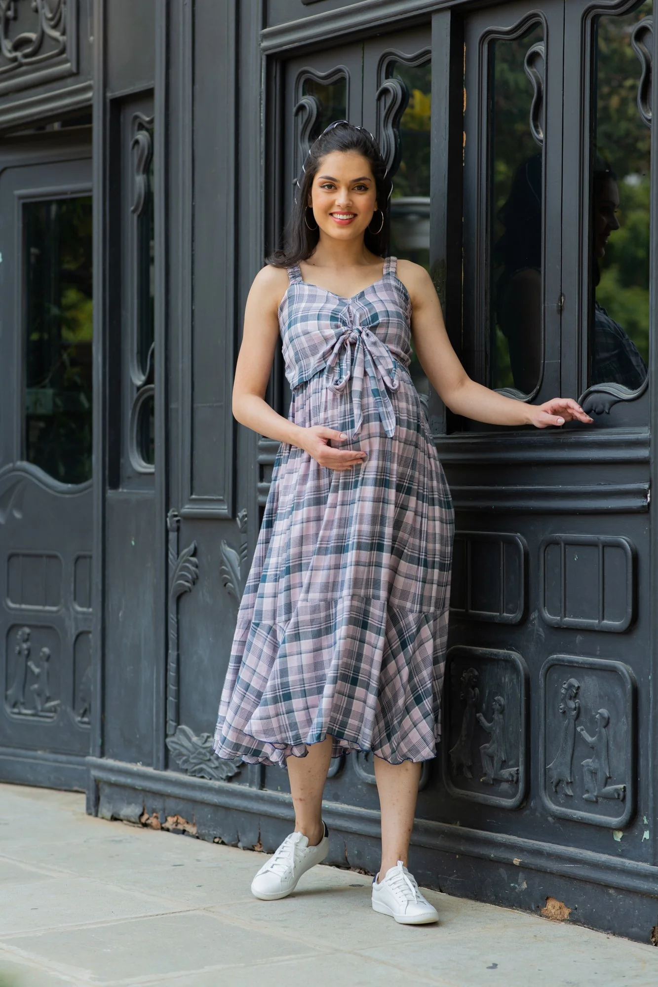Arctic Plaid Dual Bow Maternity Dress - Chenance