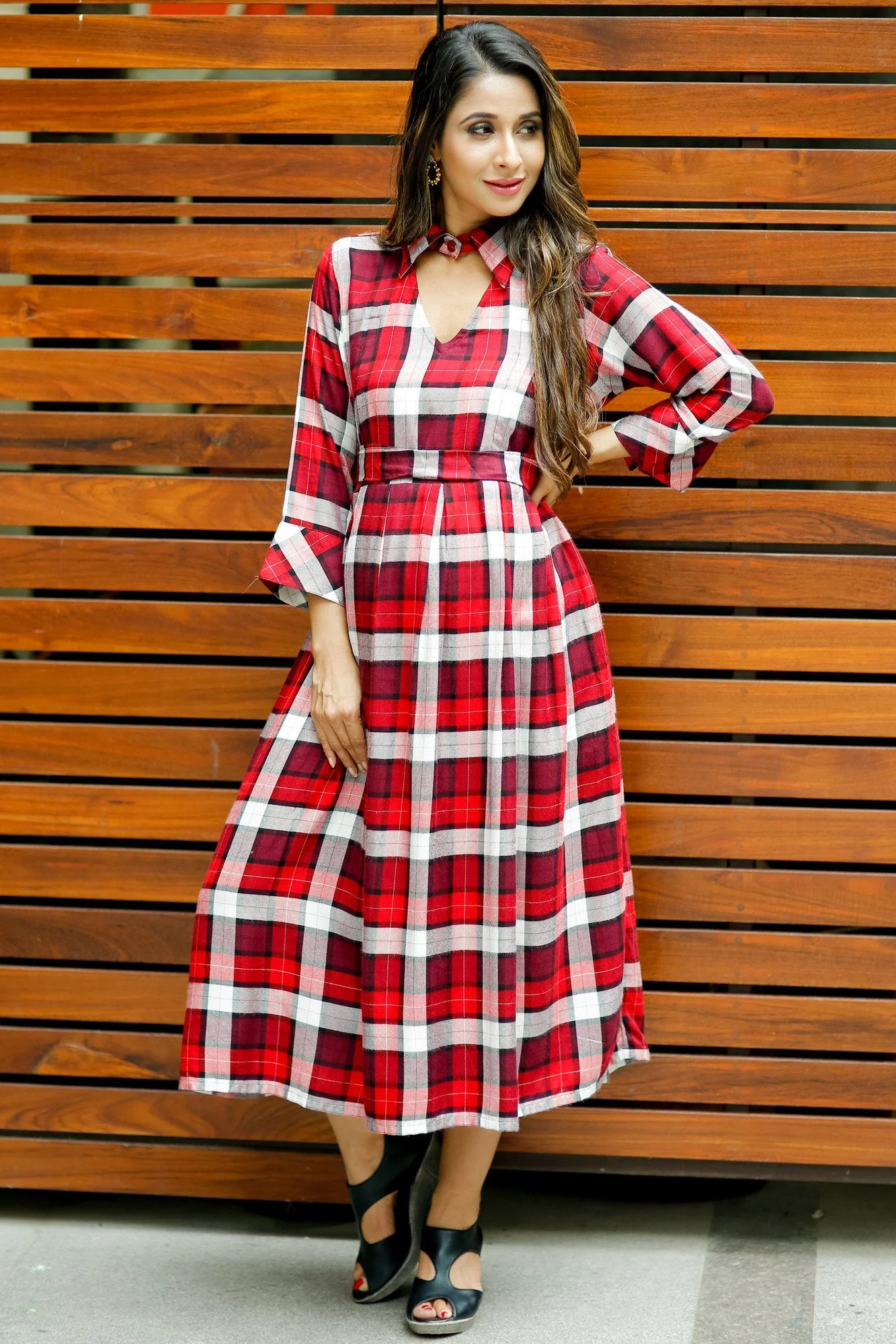 Slick Red Plaid Maternity & Nursing Button Dress - Chenance