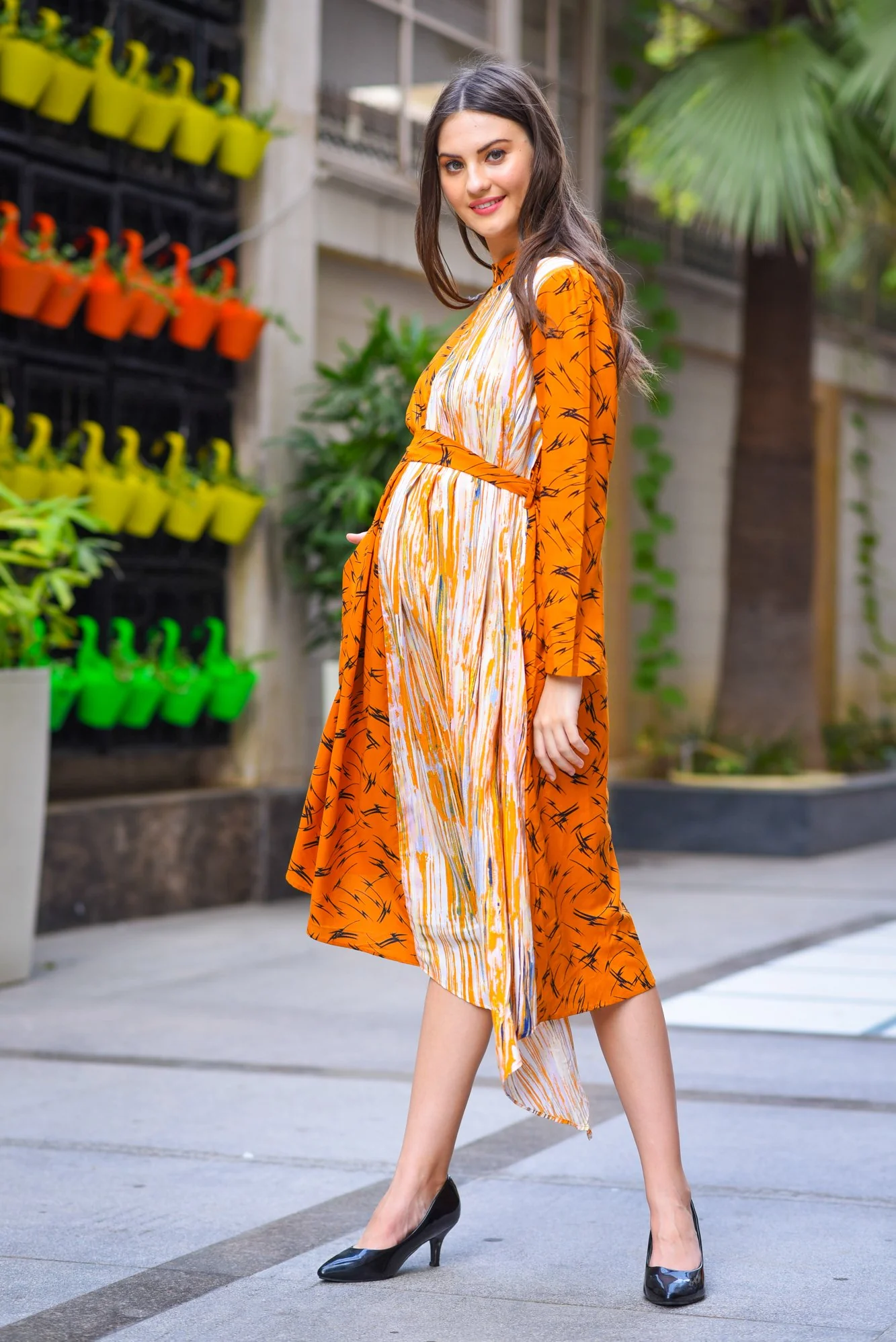 Asymmetrical Flash High Neck Maternity & Nursing Dress - Chenance