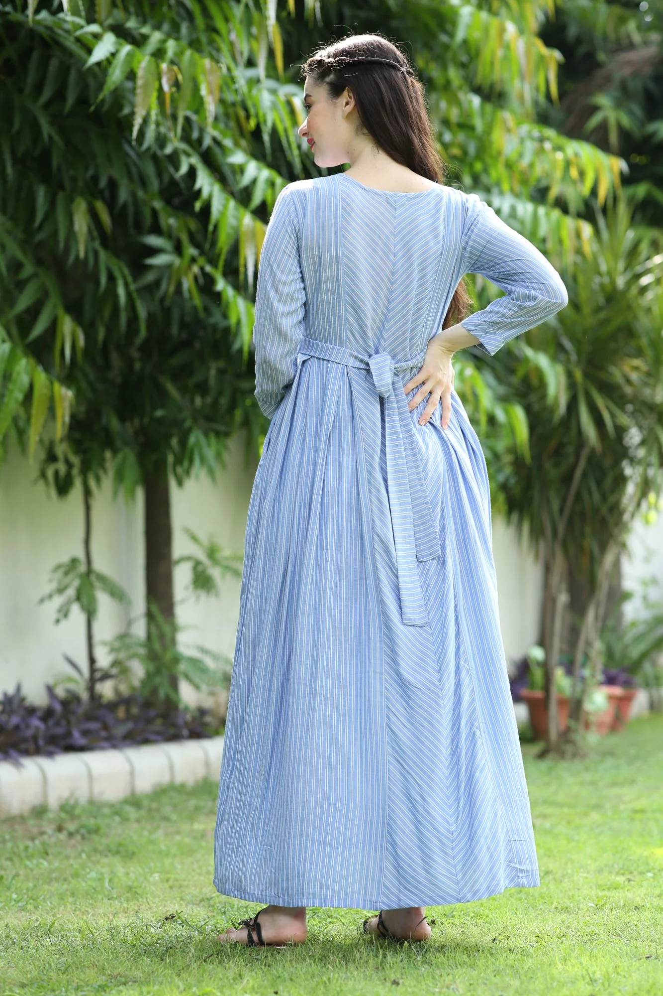 Sky Blue Dancing Stripes Maternity & Nursing Maxi Dress - Chenance