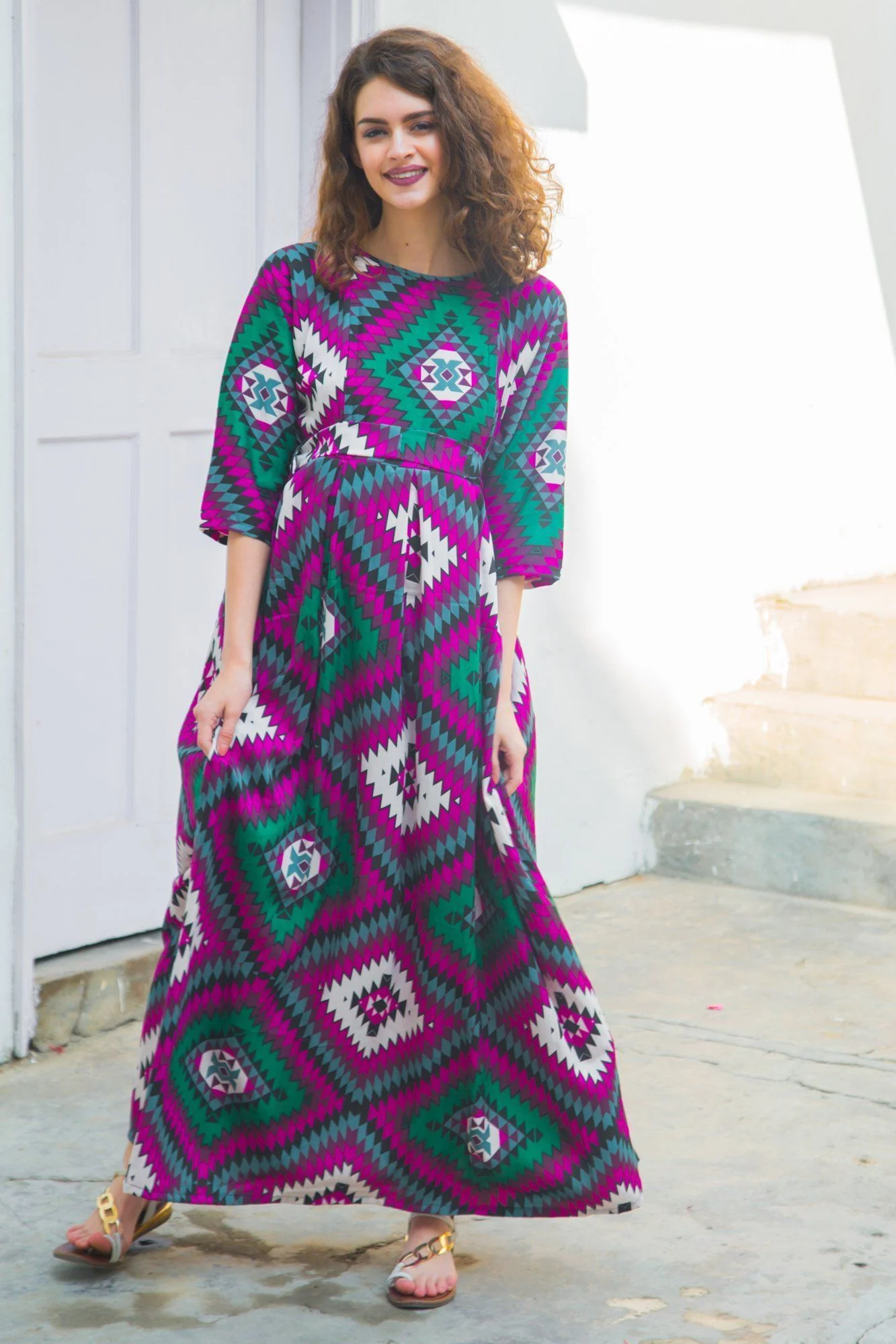 Azure Abstract Concealed Zip Maternity & Nursing Maxi - Chenance