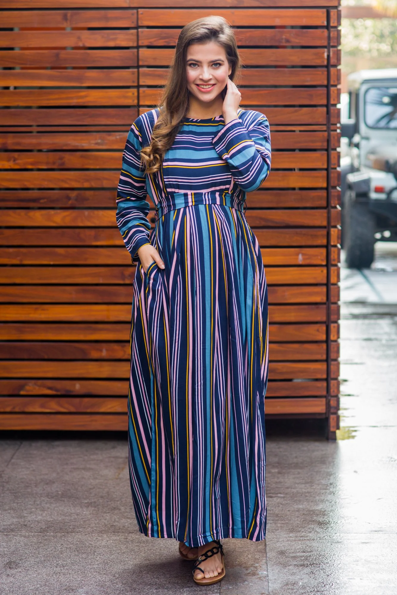 Azure & Peach Soft Viscose Maternity & Nursing Maxi Dress - Chenance