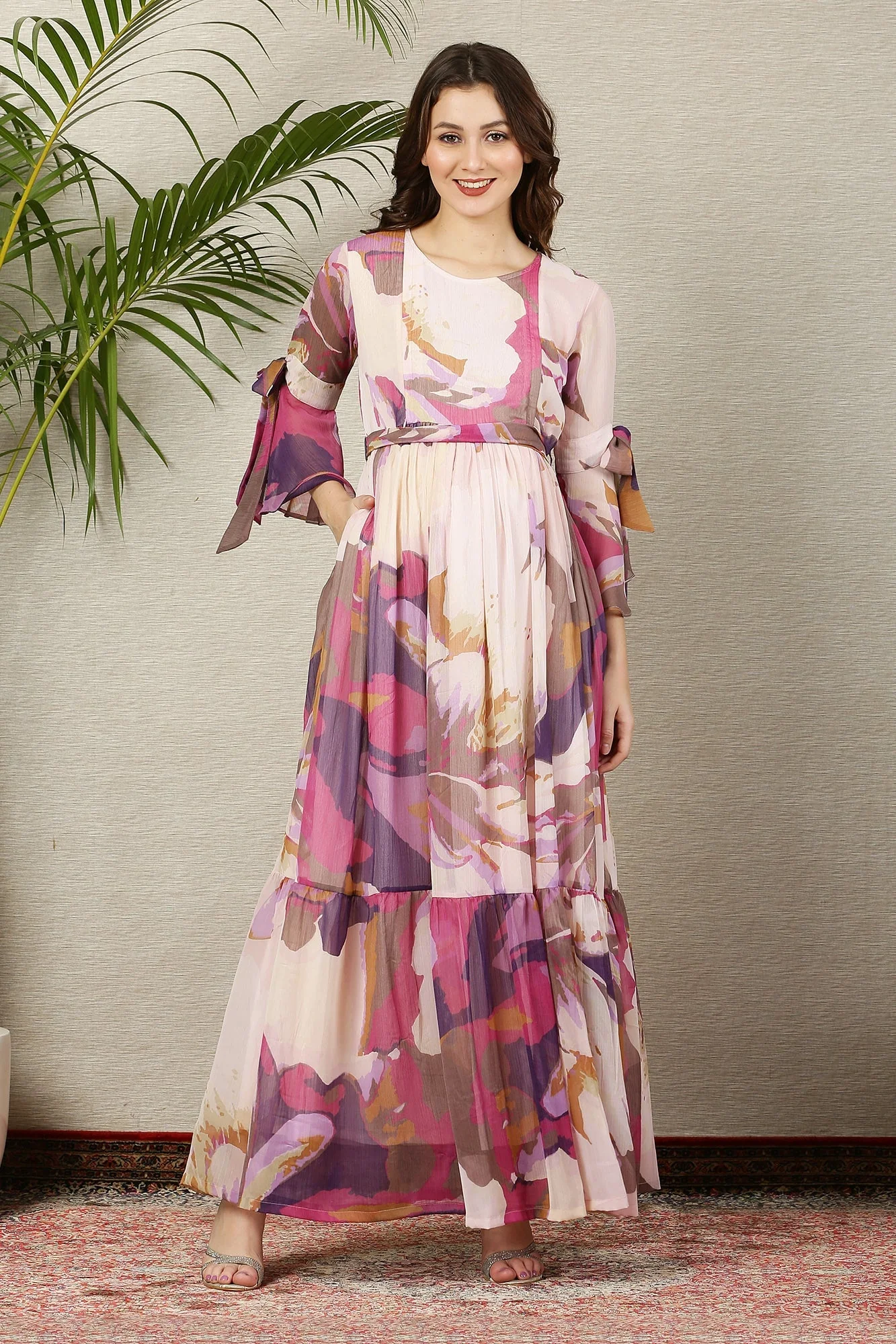 White Cascading Dusty Pinkish Maternity & Nursing Frill Dress - Chenance