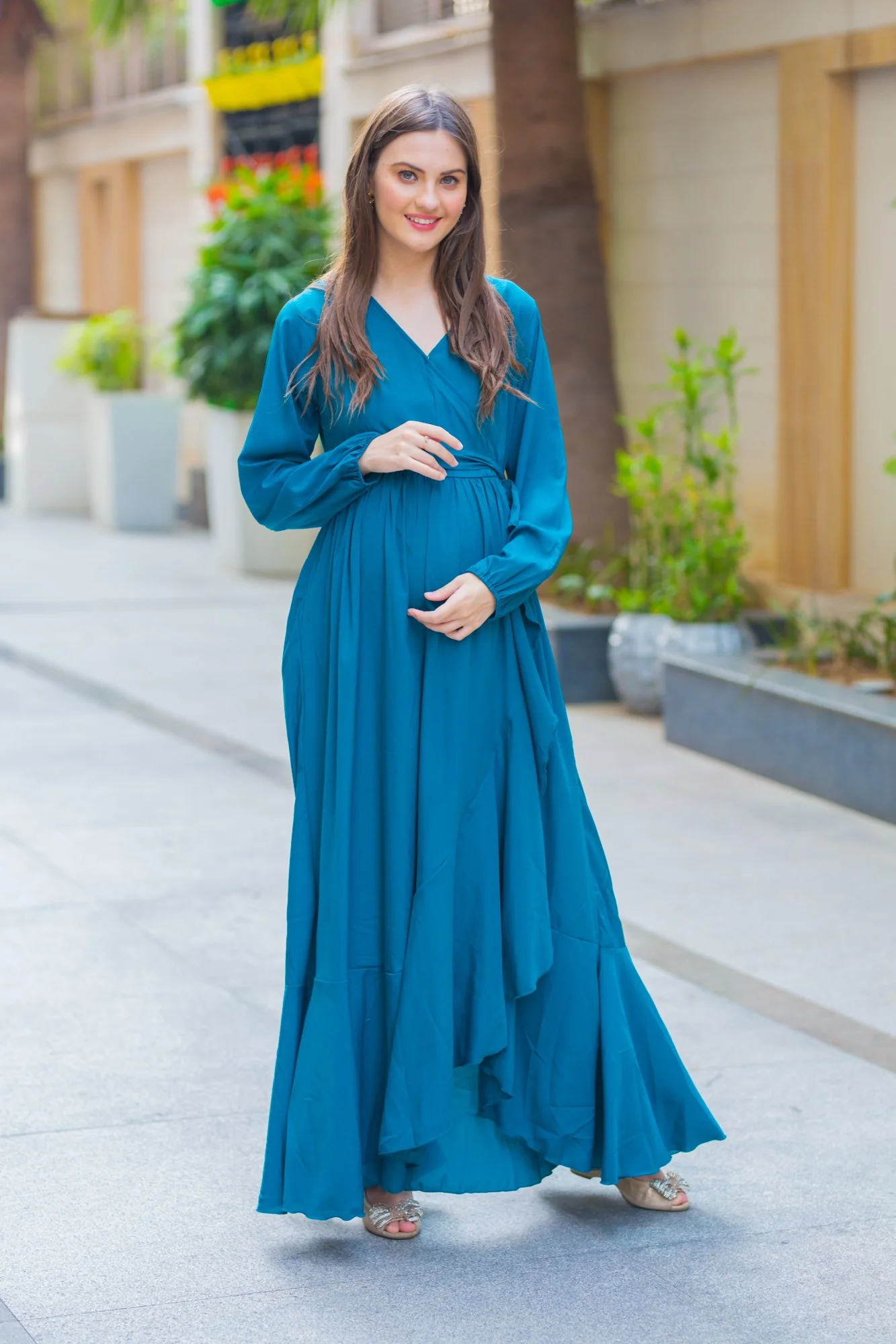 Ocean Blue Frill Maternity & Nursing Dress - Chenance