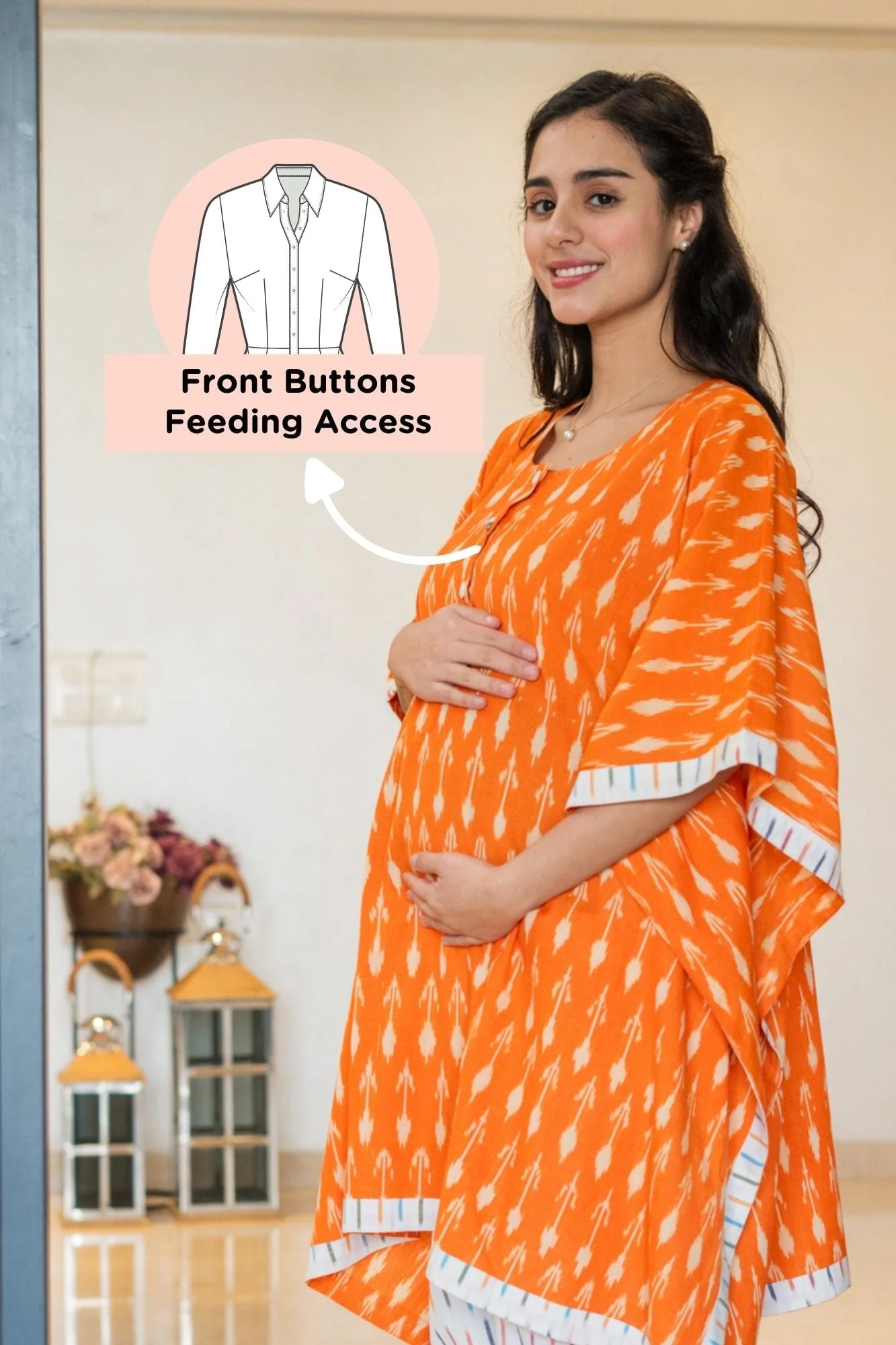 Classic Tangerine Ikat Maternity & Nursing Kaftan Set (2Pc) (100% Cotton) - Chenance