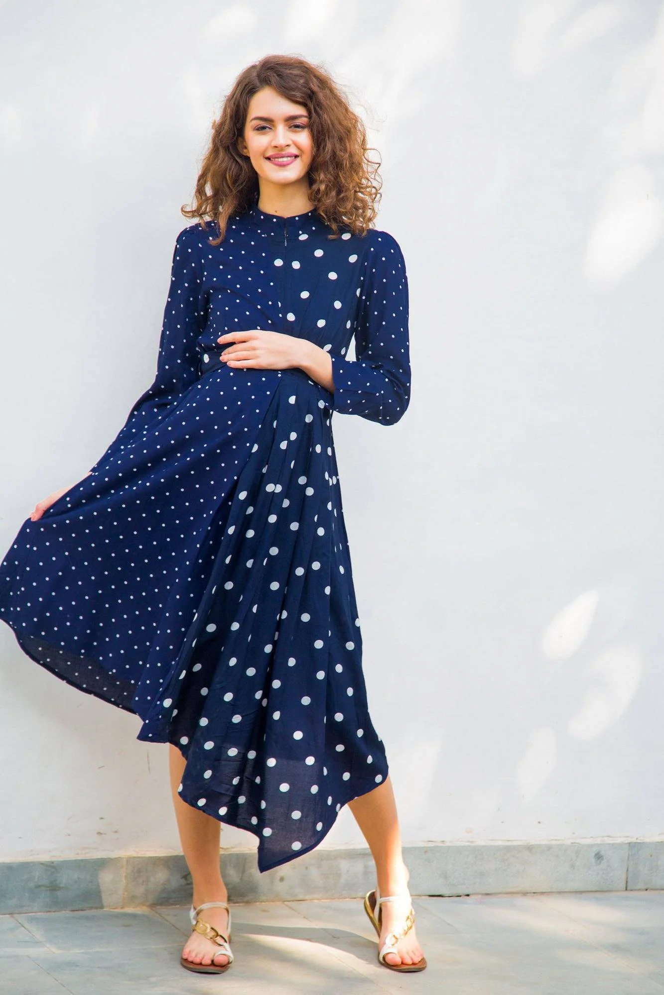 Asymmetrical Navy Polka High Neck Maternity & Nursing Dress - Chenance