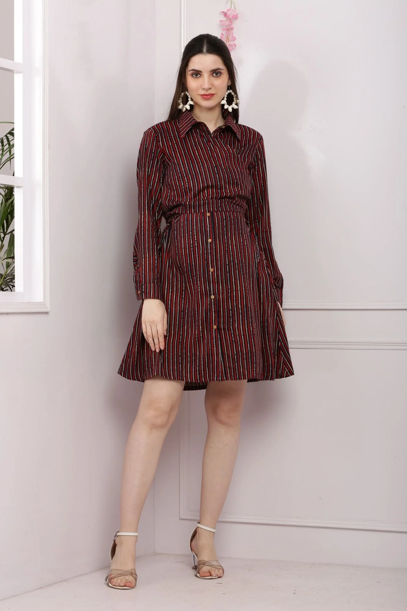 Classic Maroon Stripe Maternity & Nursing Wrap Shirt Dress - Chenance