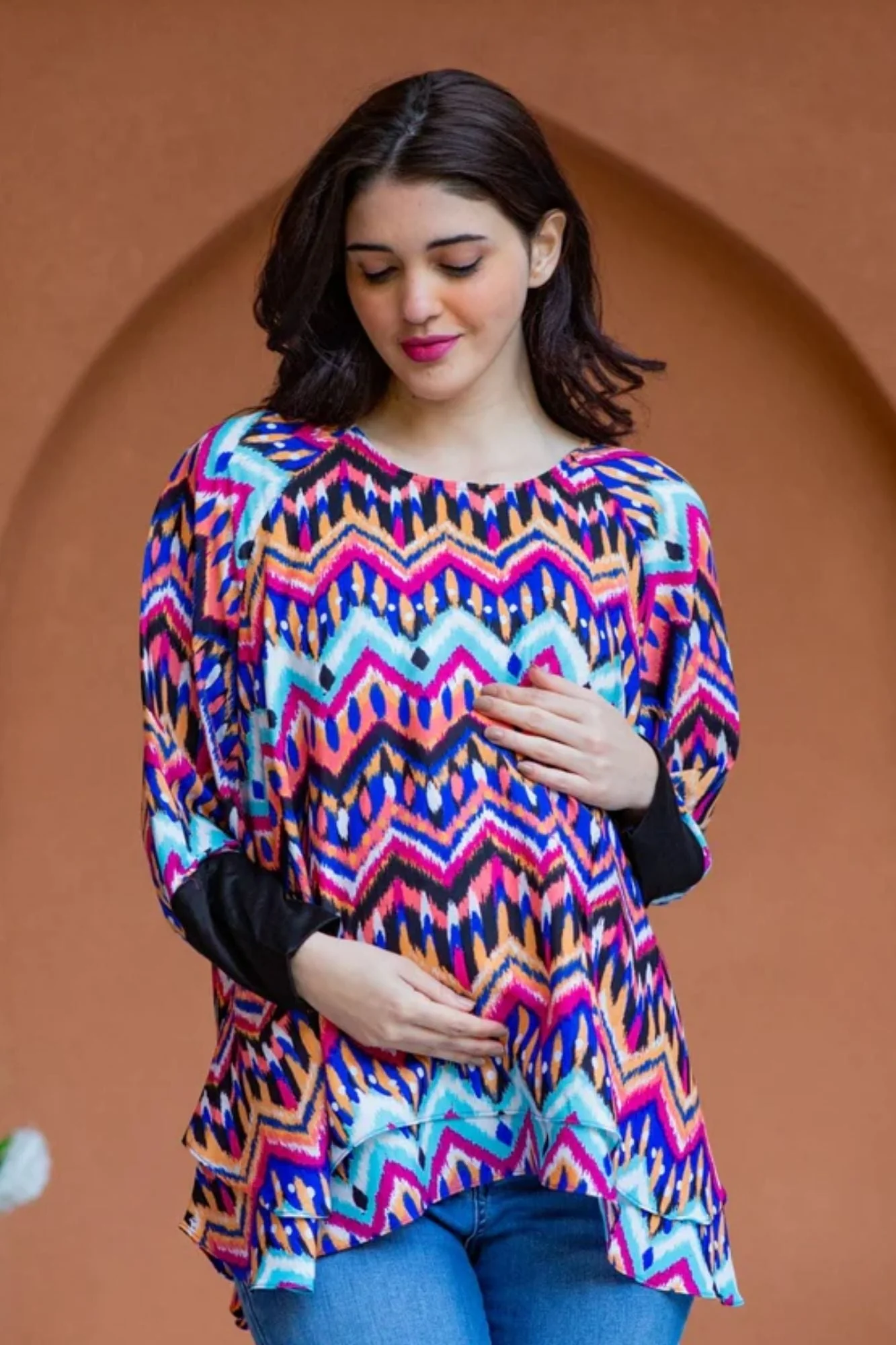 Free Size Rainbow Zig-Zag Maternity Poncho - Chenance