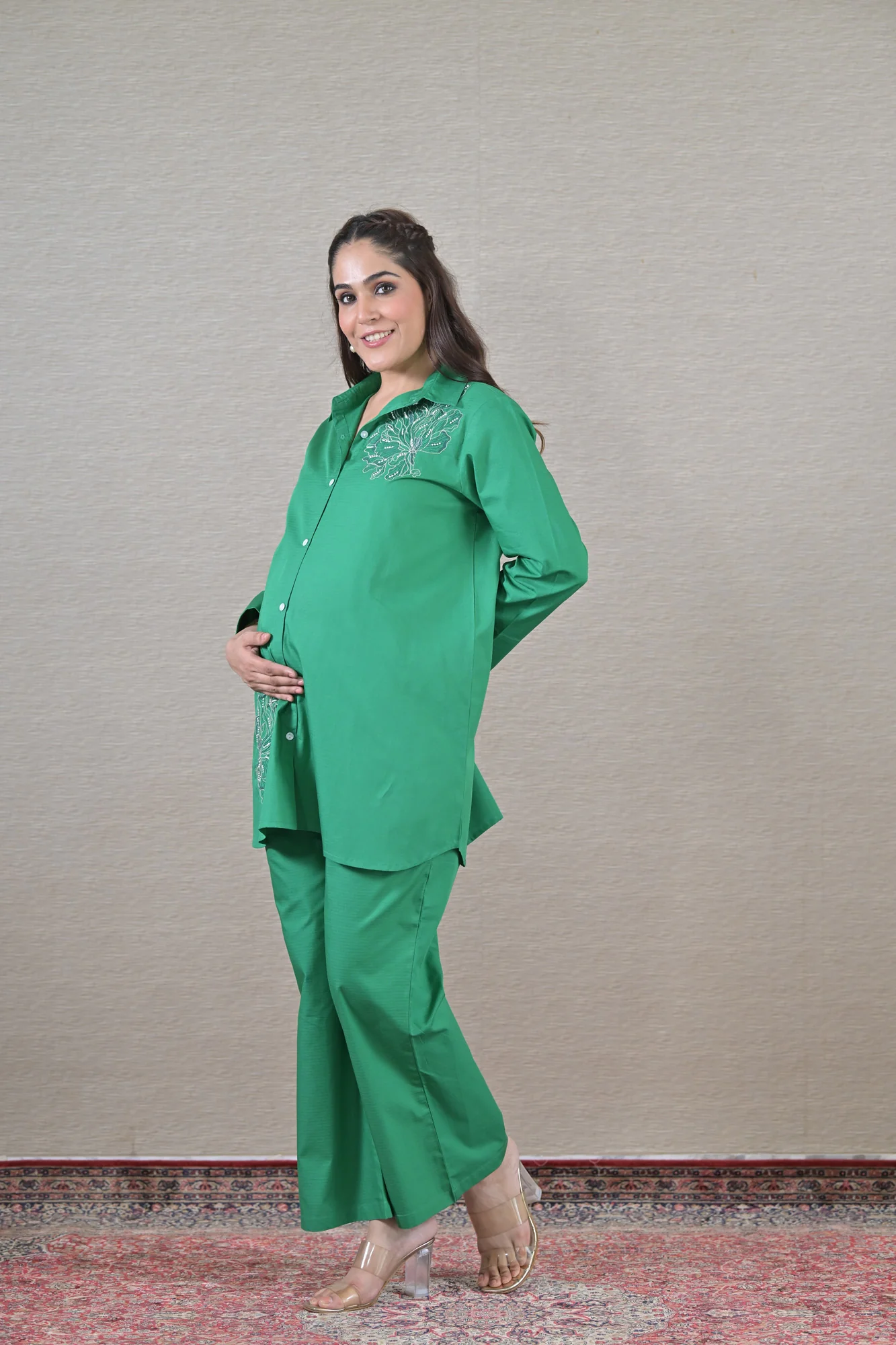 Appliqu  d Forest Maternity & Nursing Shirt Coord Set (2 pc) (100% Cotton) - Chenance
