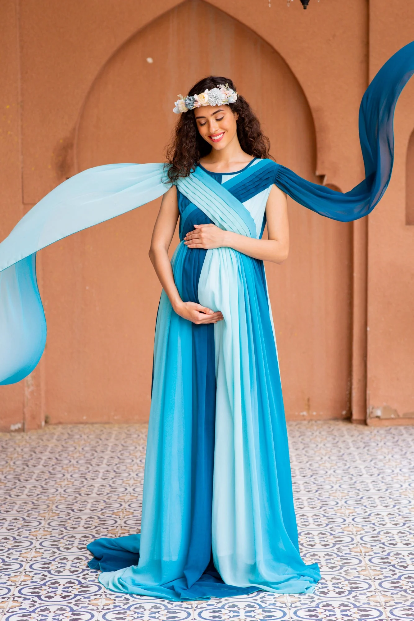 Victoria Blue Monochromatic Maternity Trail Photoshoot Gown - Chenance