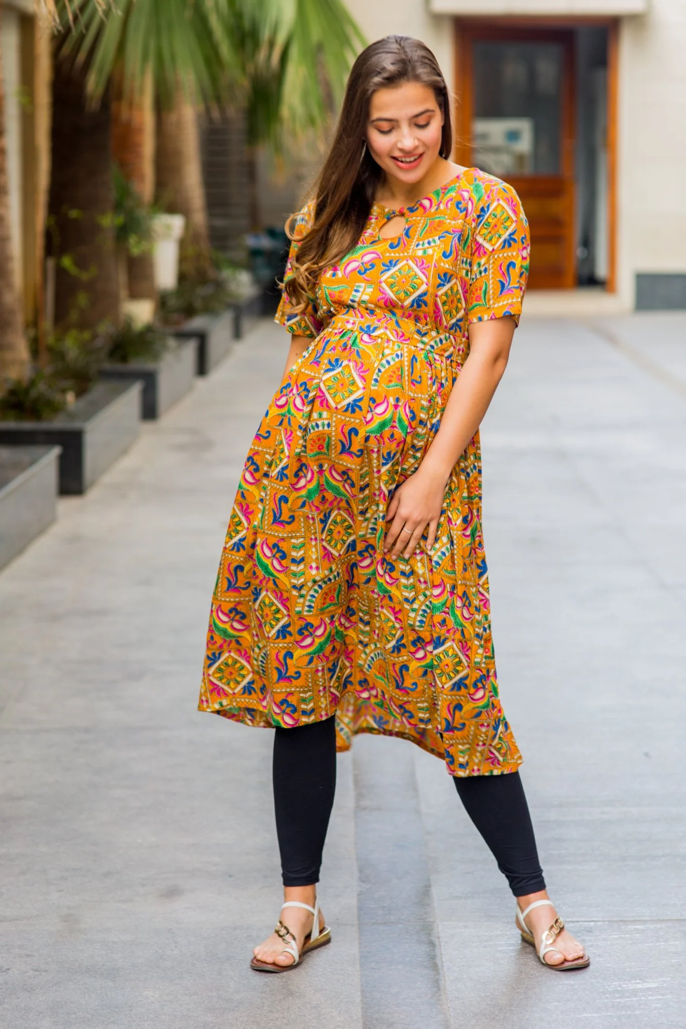Yellow Threadwork Concealed Zip Maternity & Nursing Kurta - Chenance