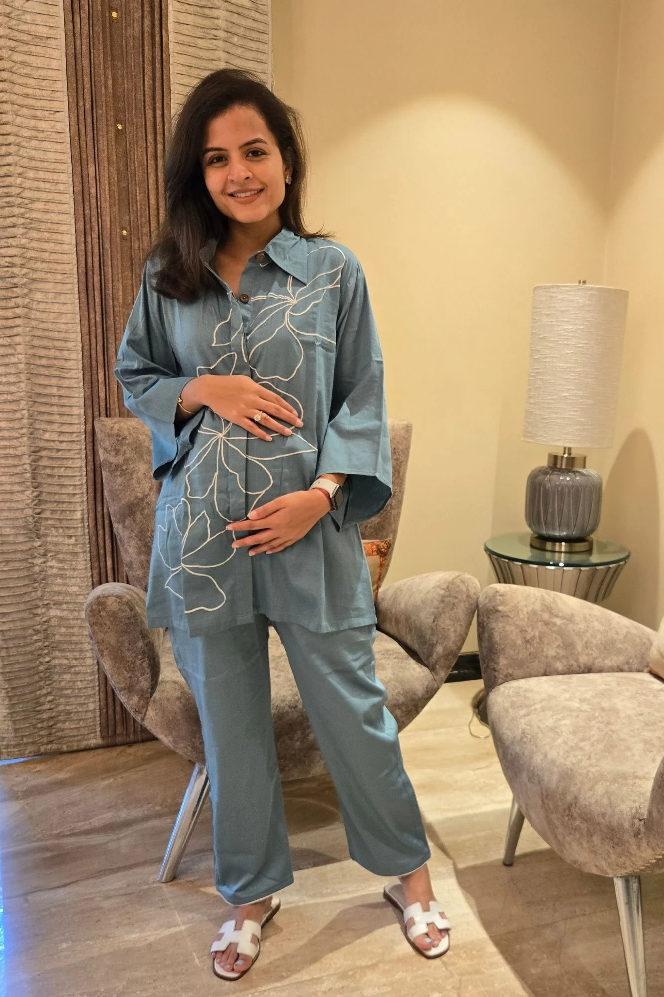 Classy Sage Blue Maternity & Nursing Lounge Coord Set (2Pc) - Chenance