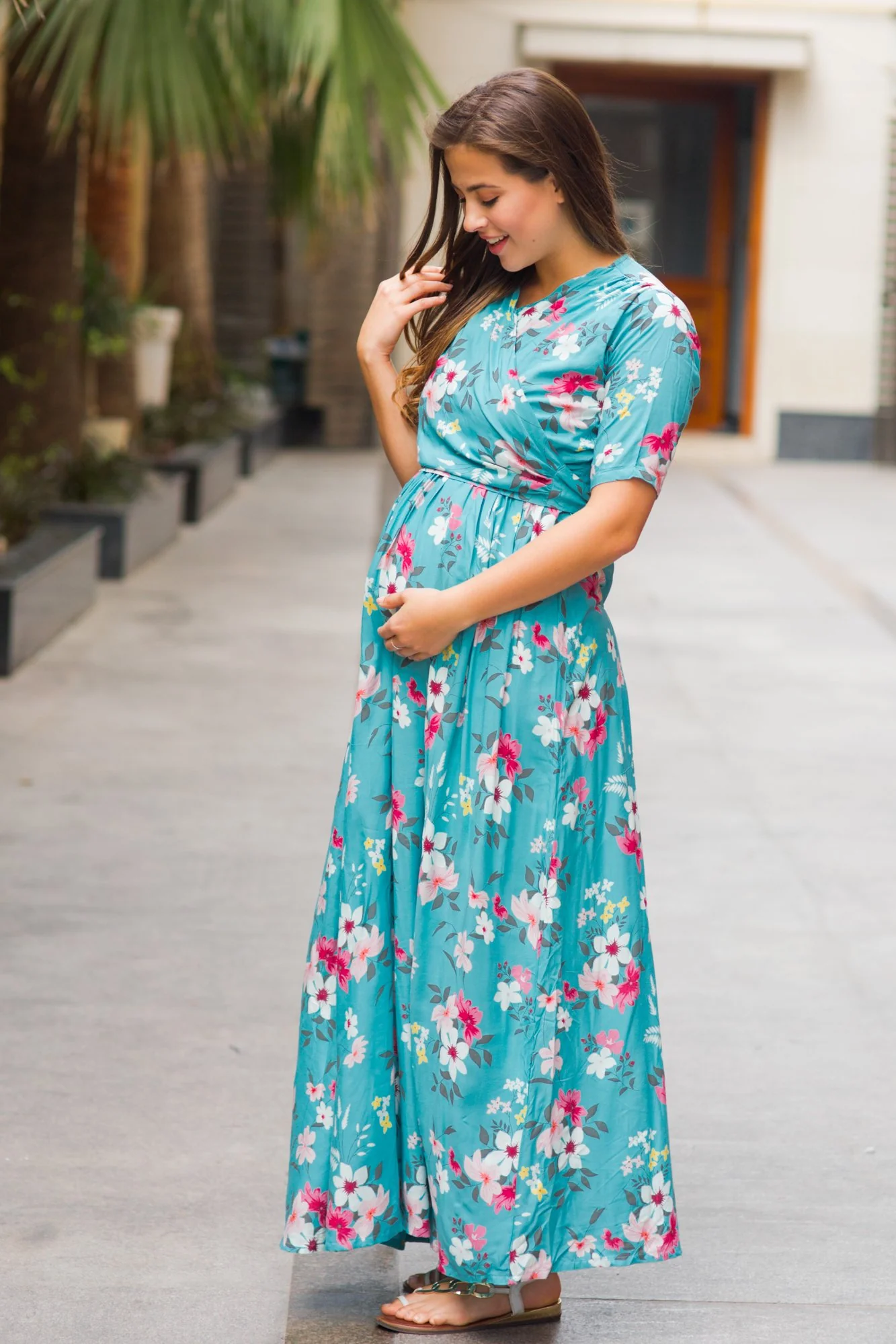 Baby Blue Floral Maternity & Nursing Wrap Dress - Chenance