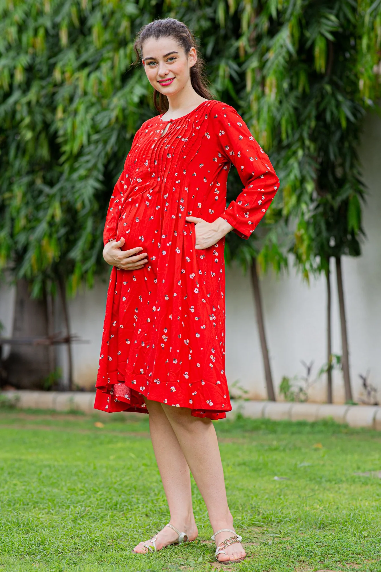 Crimson Red Maternity & Nursing Pintucks Dress - Chenance