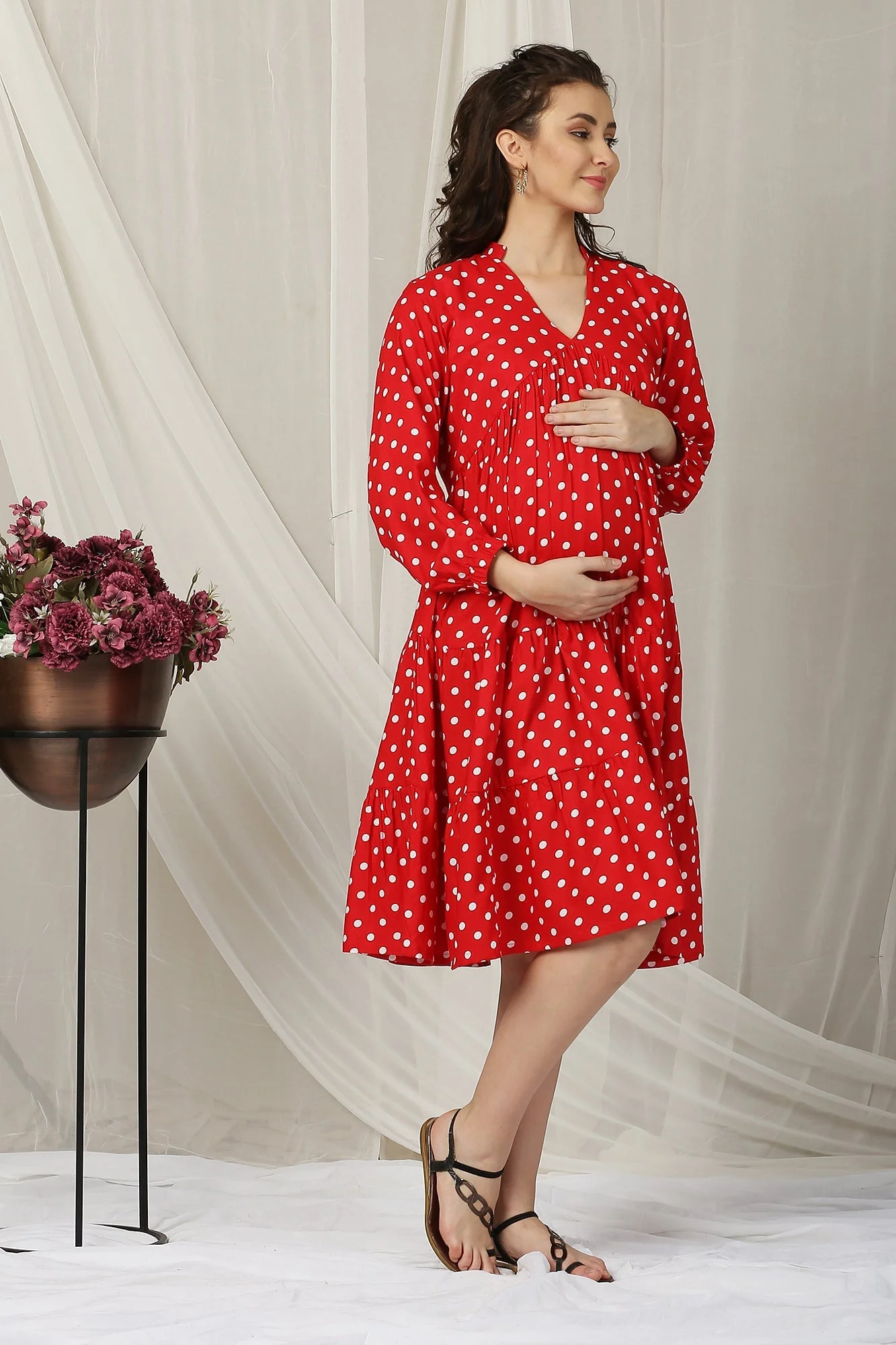 Timeless Red Polka Maternity & Nursing Layered Dress - Chenance