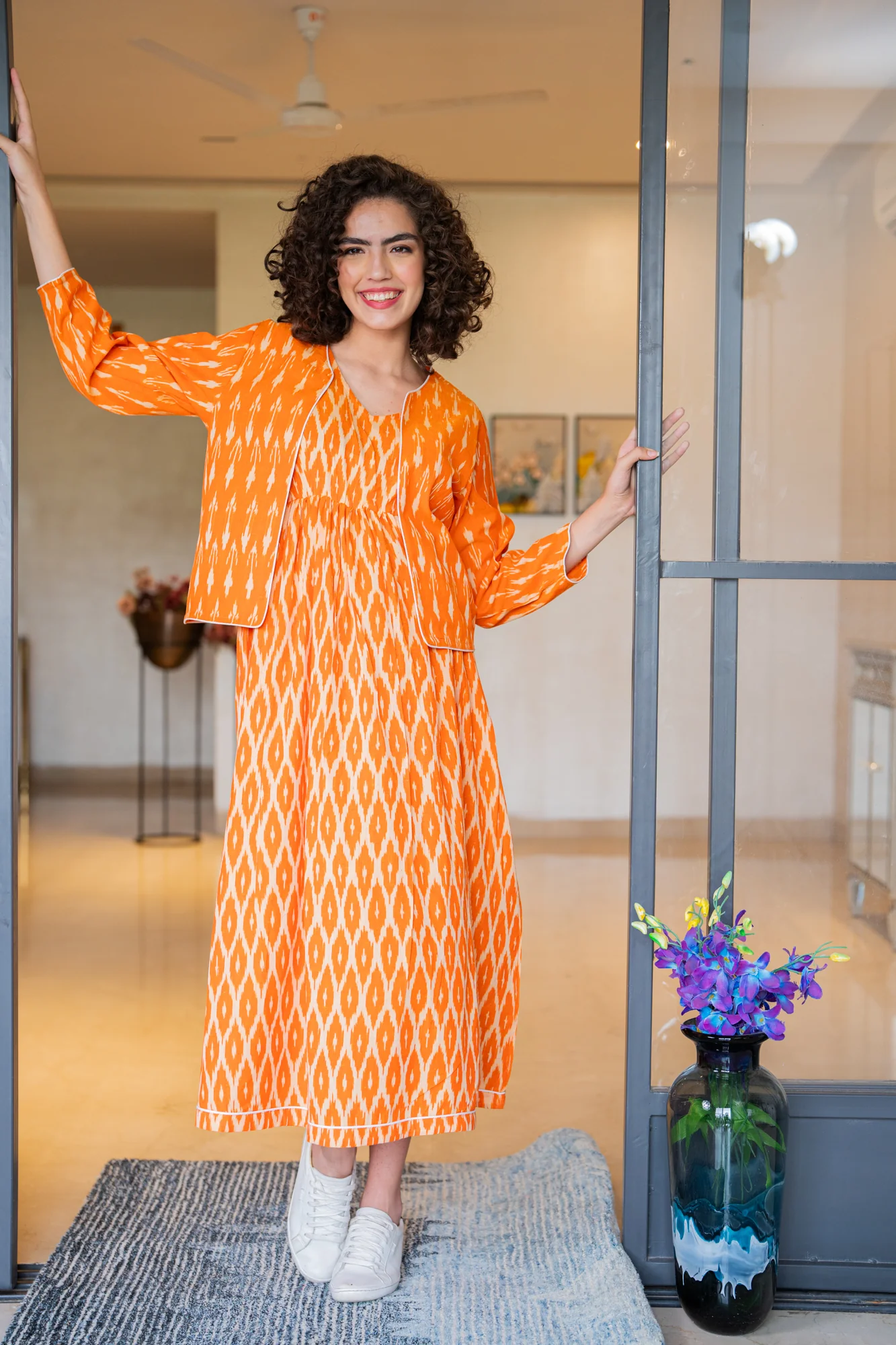 Vibrant Tangerine Ikat Maternity Dress With Jacket (100% Cotton) (2Pc) - Chenance