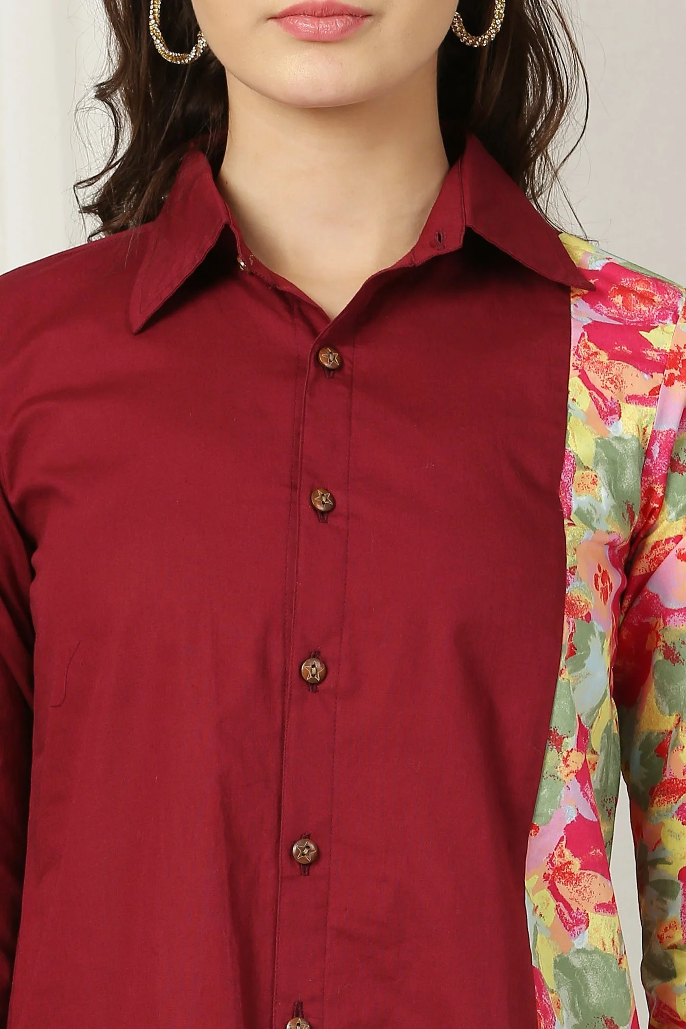 Women Brick Red Printed Shirt Dress (100% Cotton) - Chenance